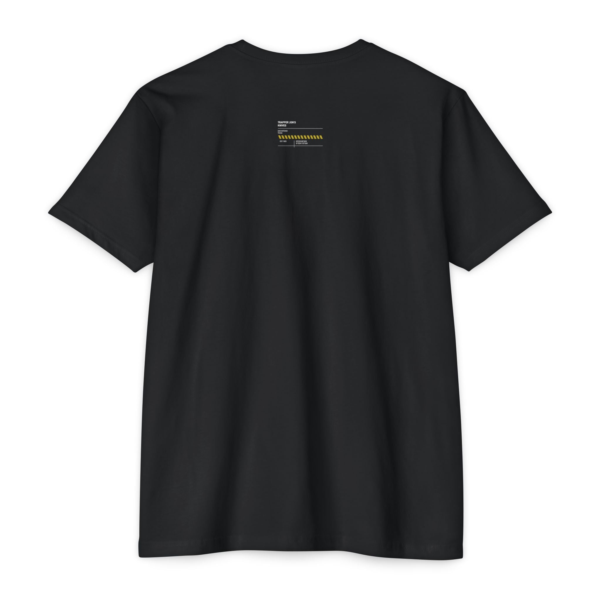 Minimalist Knife T-Shirt — Small Chest Knife & Back Barcode Graphic