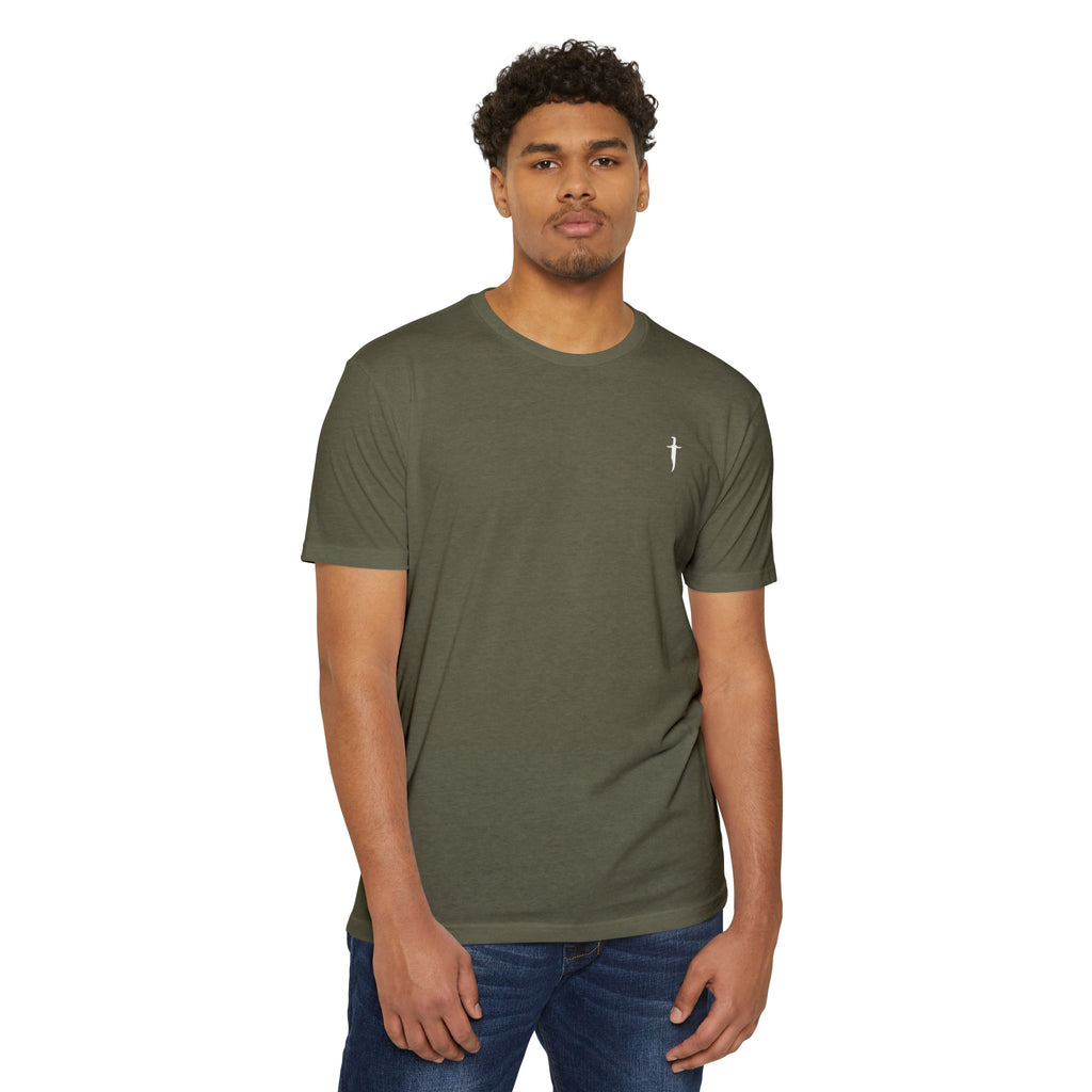 Minimalist Knife T-Shirt — Small Chest Knife & Back Barcode Graphic