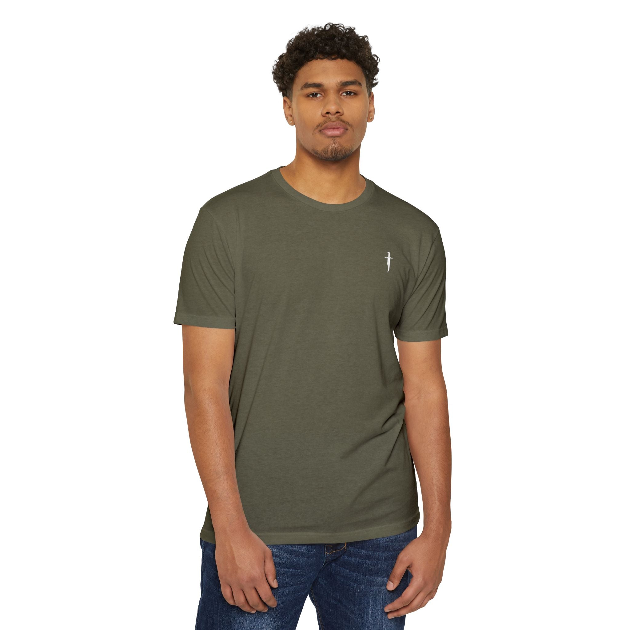 Minimalist Knife T-Shirt — Small Chest Knife & Back Barcode Graphic