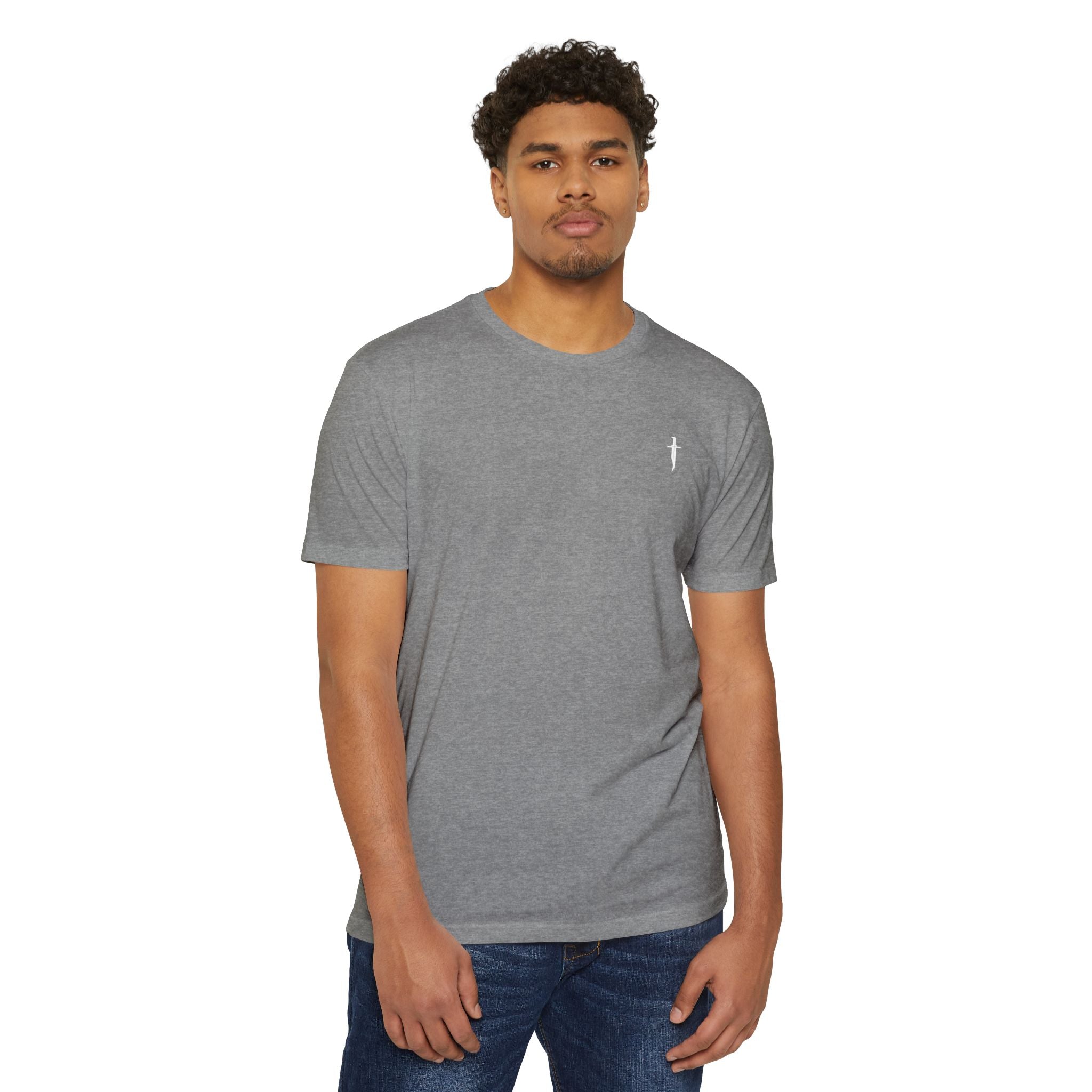 Minimalist Knife T-Shirt — Small Chest Knife & Back Barcode Graphic