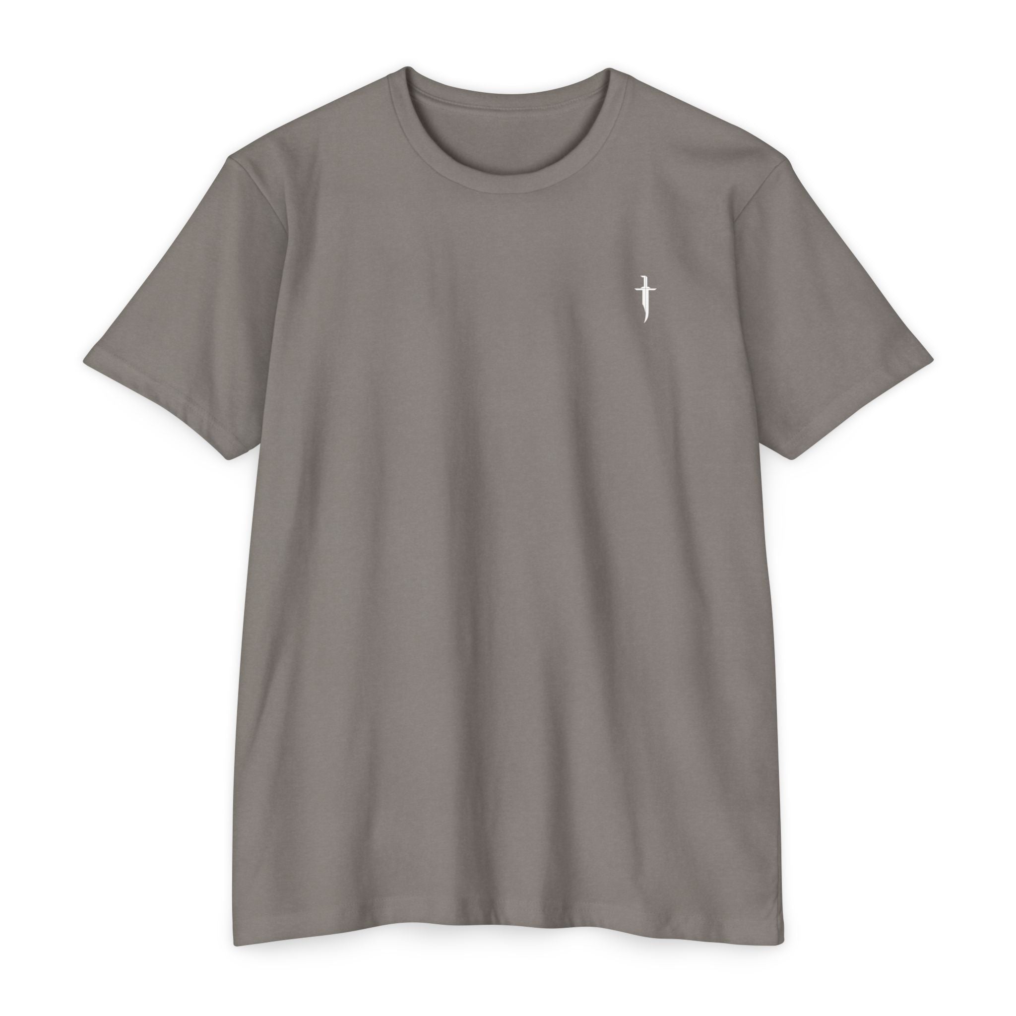 Minimalist Knife T-Shirt — Small Chest Knife & Back Barcode Graphic