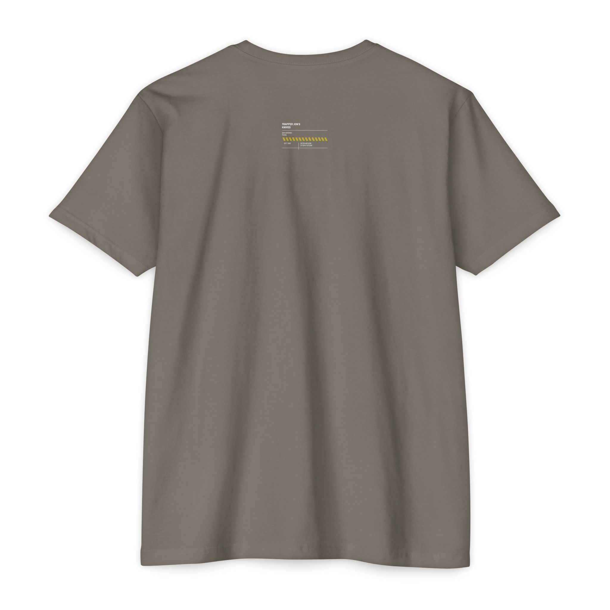 Minimalist Knife T-Shirt — Small Chest Knife & Back Barcode Graphic