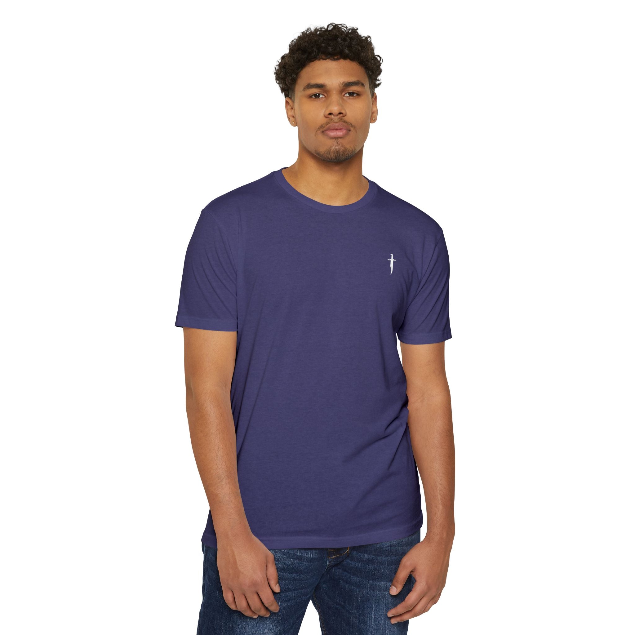 Minimalist Knife T-Shirt — Small Chest Knife & Back Barcode Graphic