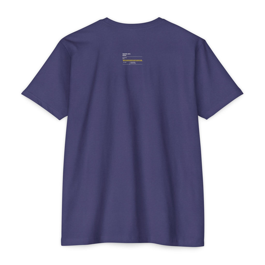Minimalist Knife T-Shirt — Small Chest Knife & Back Barcode Graphic