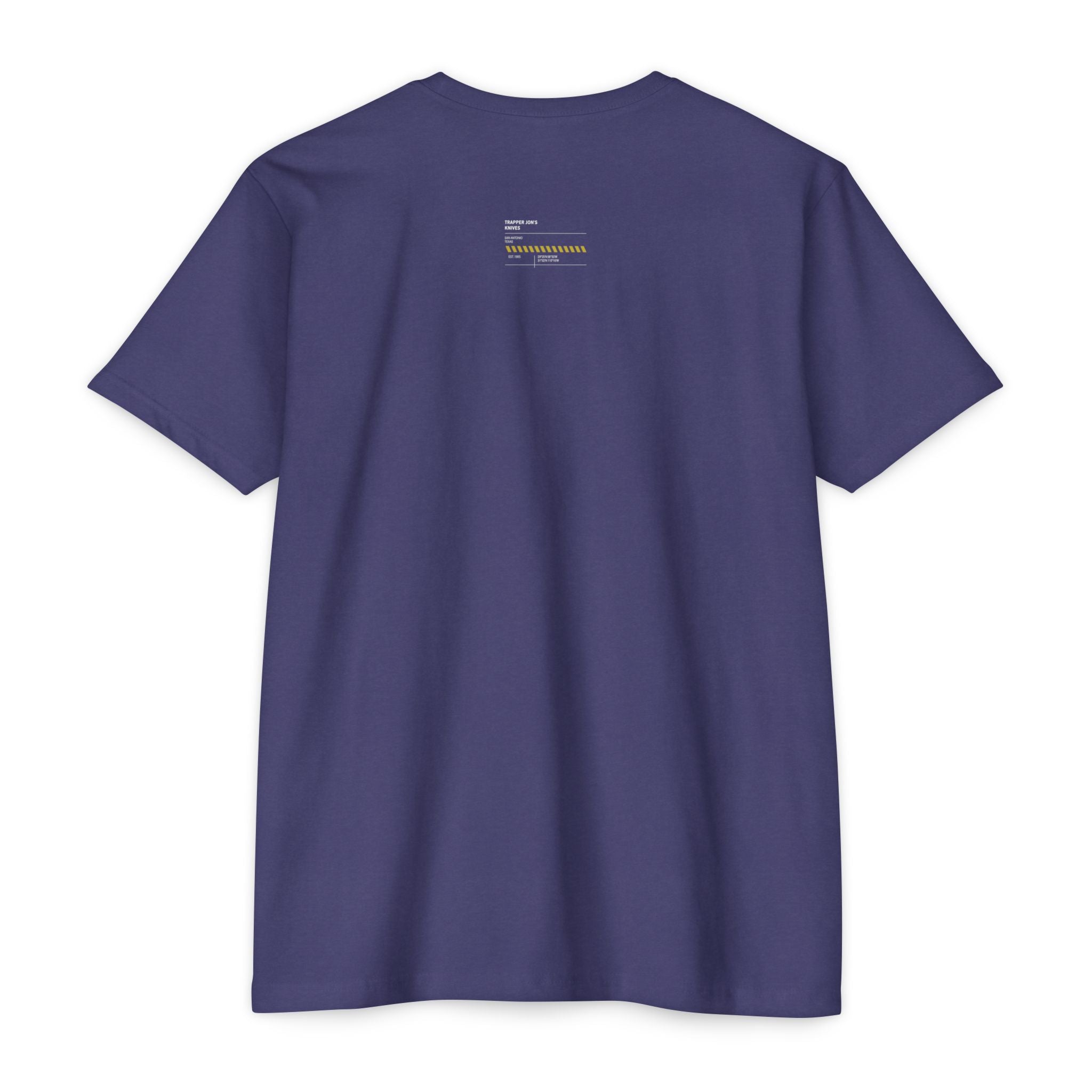 Minimalist Knife T-Shirt — Small Chest Knife & Back Barcode Graphic