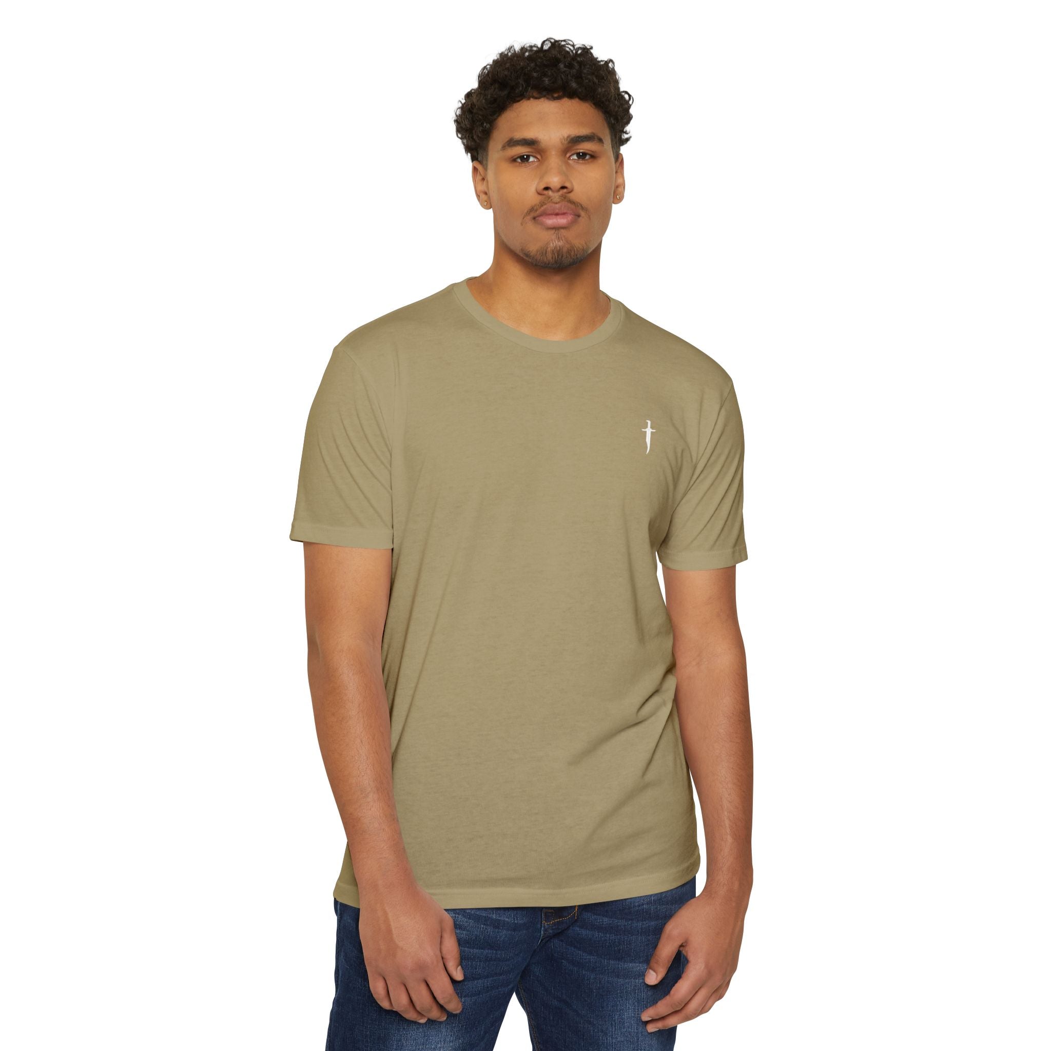 Minimalist Knife T-Shirt — Small Chest Knife & Back Barcode Graphic