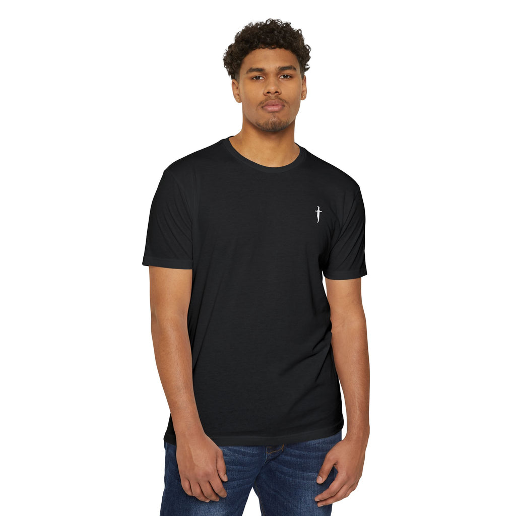 Minimalist Knife T-Shirt — Small Chest Knife & Back Barcode Graphic