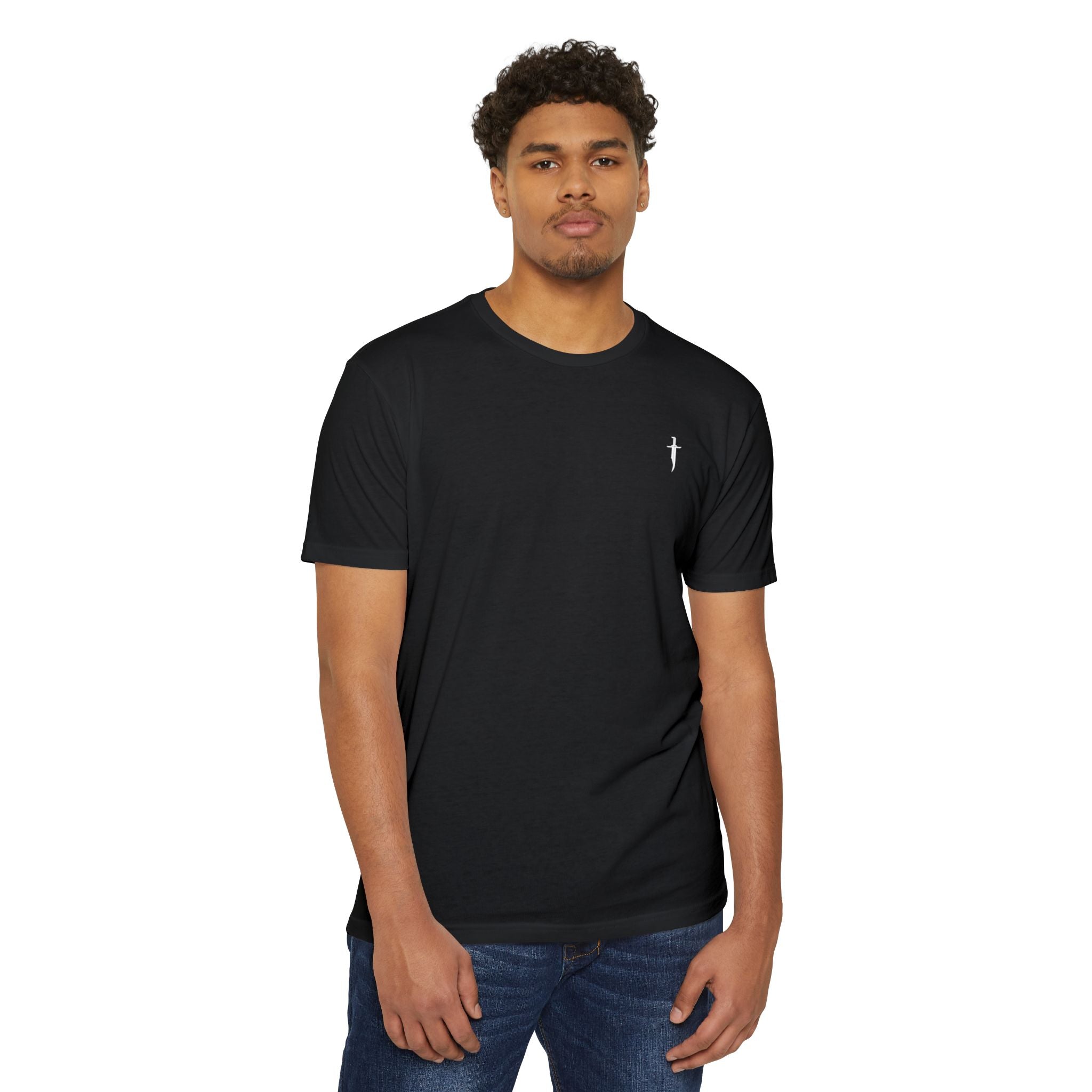 Minimalist Knife T-Shirt — Small Chest Knife & Back Barcode Graphic