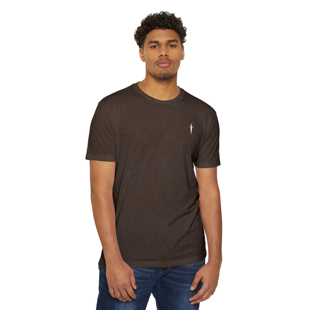 Minimalist Knife T-Shirt — Small Chest Knife & Back Barcode Graphic