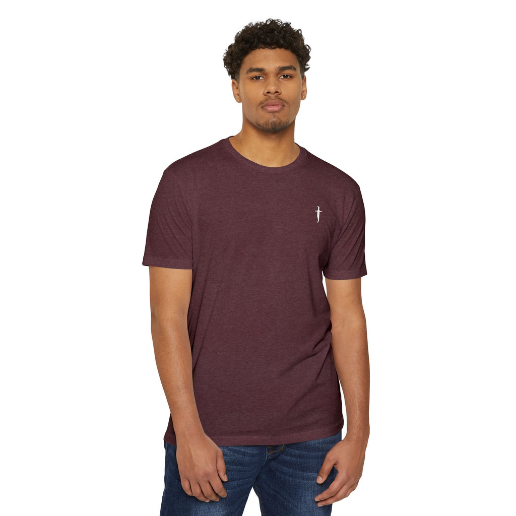 Minimalist Knife T-Shirt — Small Chest Knife & Back Barcode Graphic