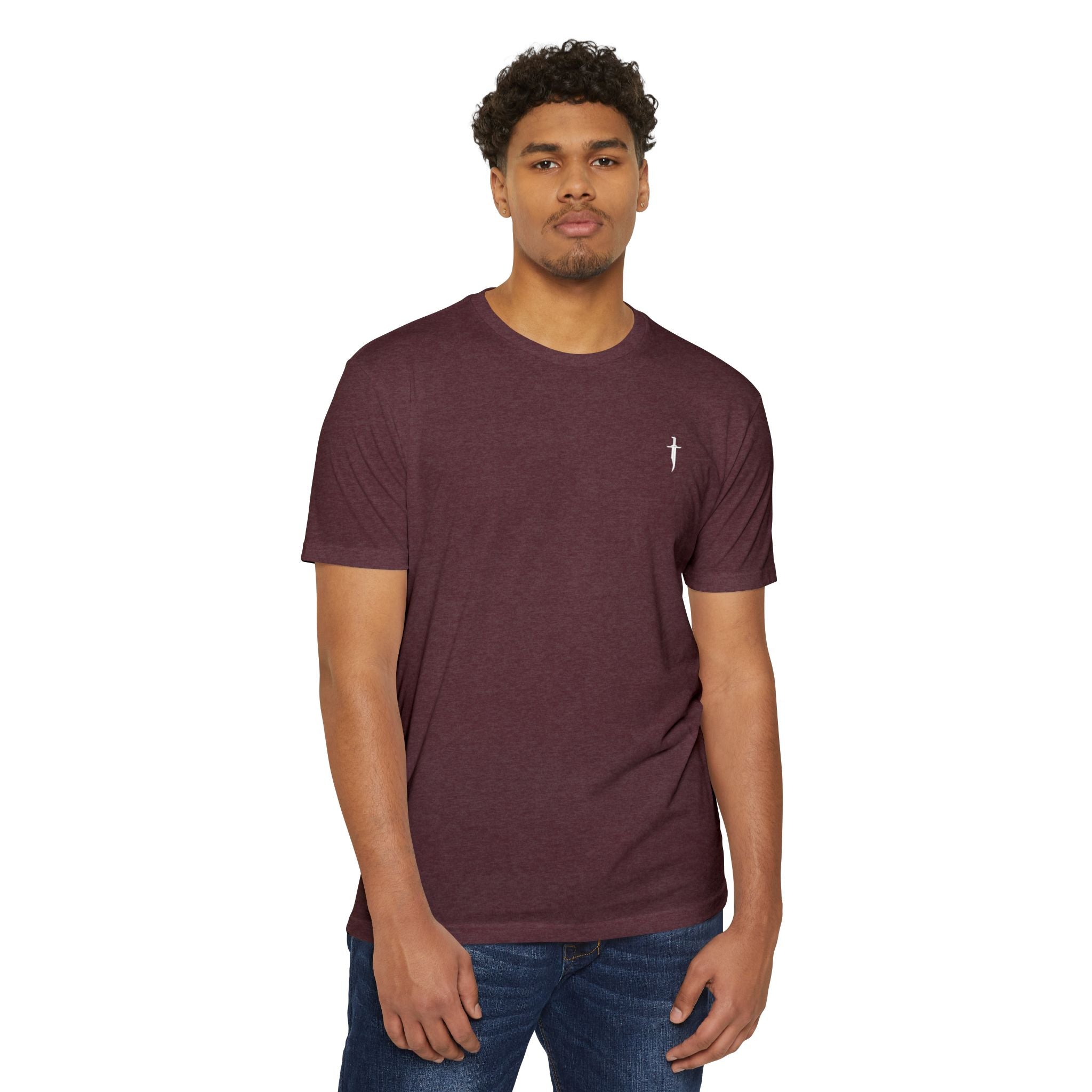 Minimalist Knife T-Shirt — Small Chest Knife & Back Barcode Graphic