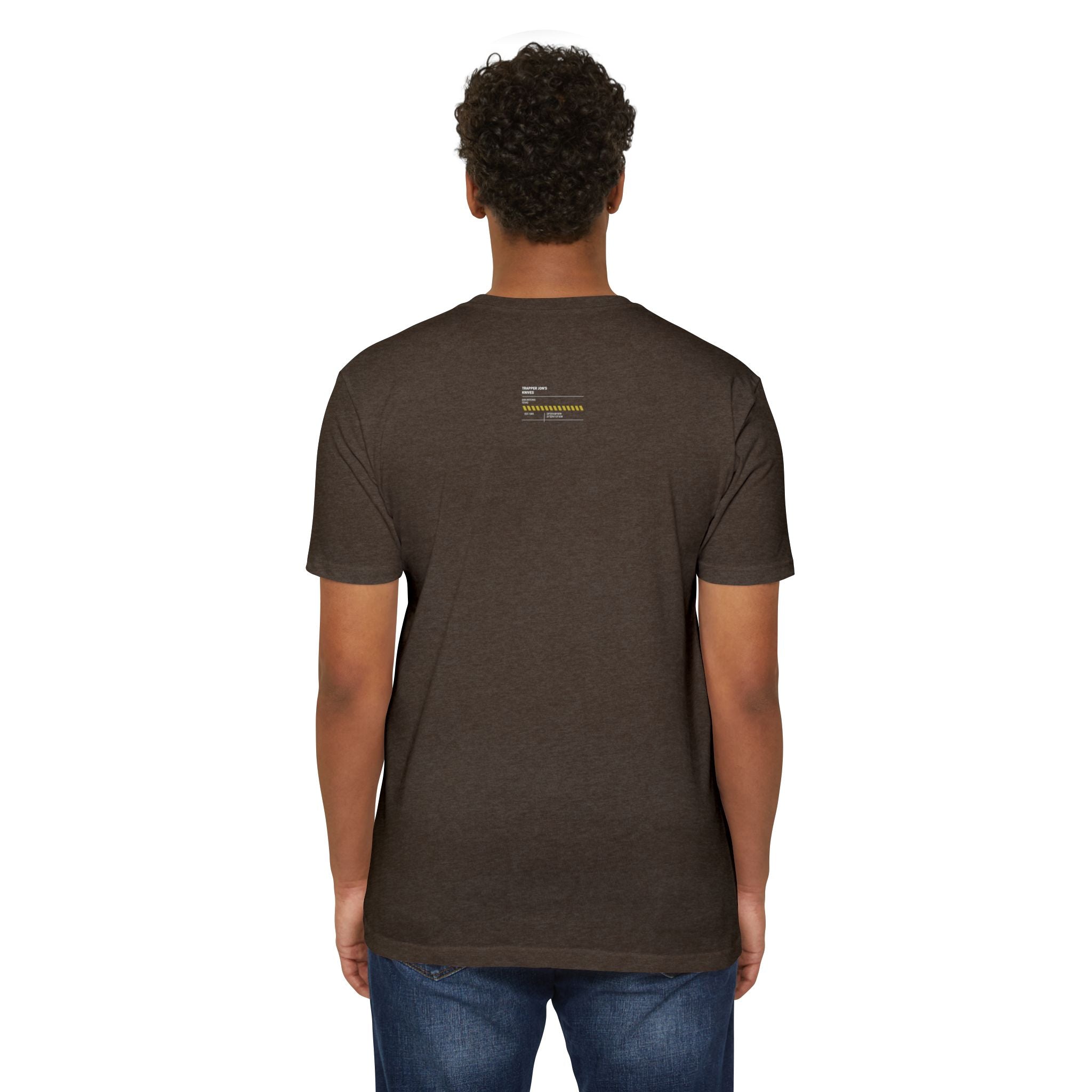 Minimalist Knife T-Shirt — Small Chest Knife & Back Barcode Graphic