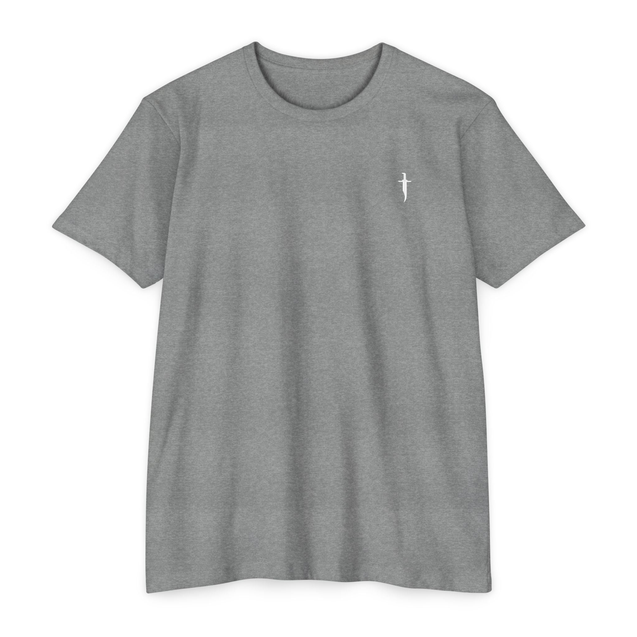 Minimalist Knife T-Shirt — Small Chest Knife & Back Barcode Graphic