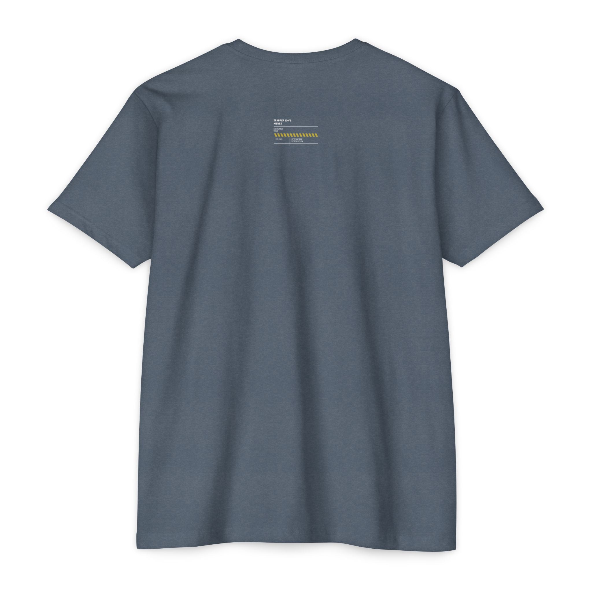 Minimalist Knife T-Shirt — Small Chest Knife & Back Barcode Graphic