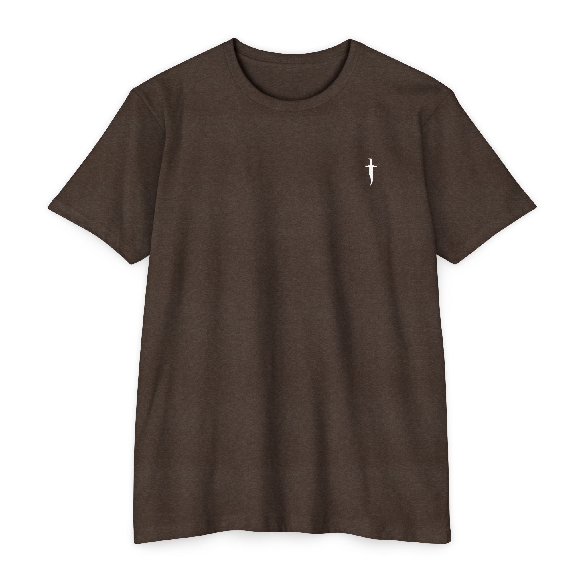 Minimalist Knife T-Shirt — Small Chest Knife & Back Barcode Graphic