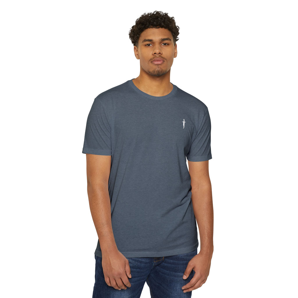 Minimalist Knife T-Shirt — Small Chest Knife & Back Barcode Graphic
