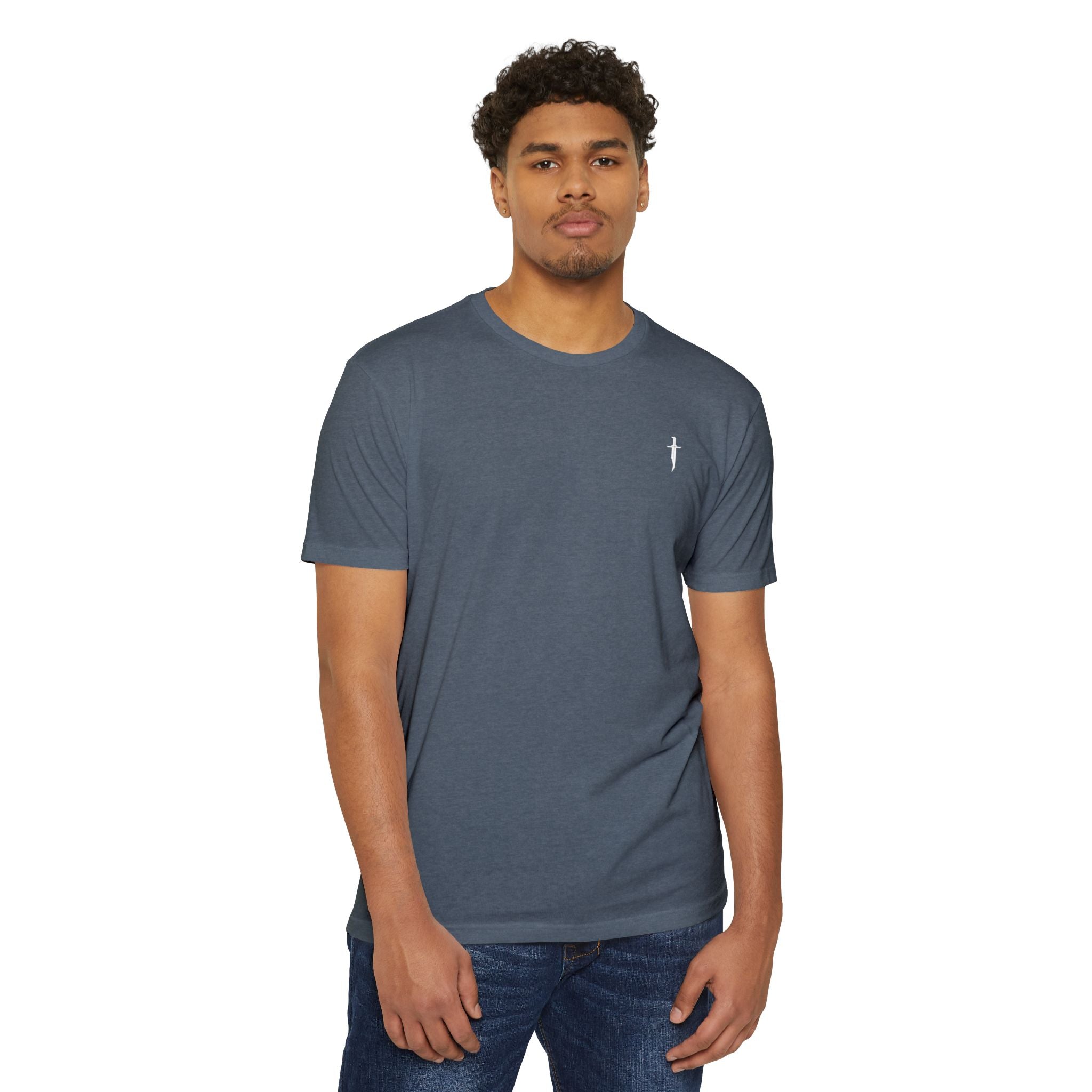 Minimalist Knife T-Shirt — Small Chest Knife & Back Barcode Graphic
