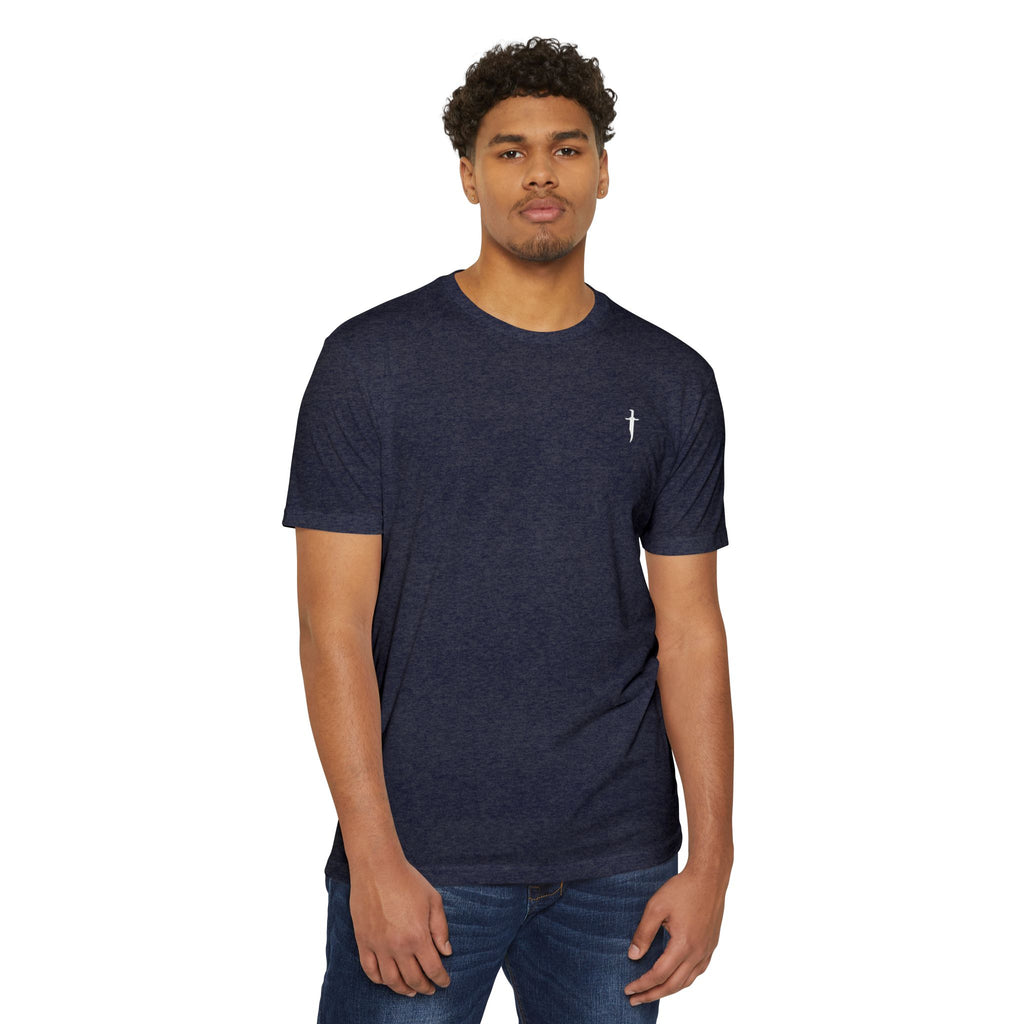 Minimalist Knife T-Shirt — Small Chest Knife & Back Barcode Graphic