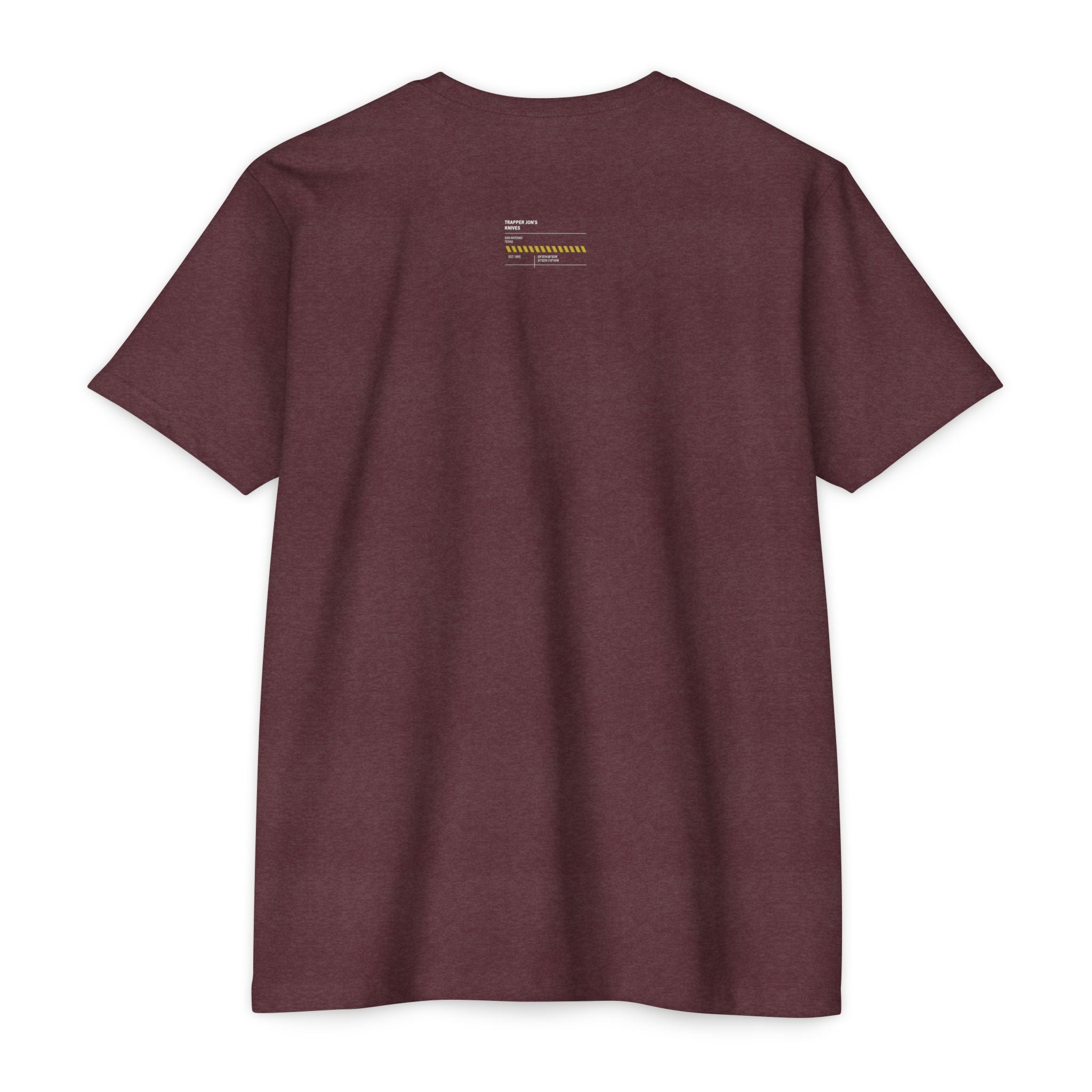 Minimalist Knife T-Shirt — Small Chest Knife & Back Barcode Graphic