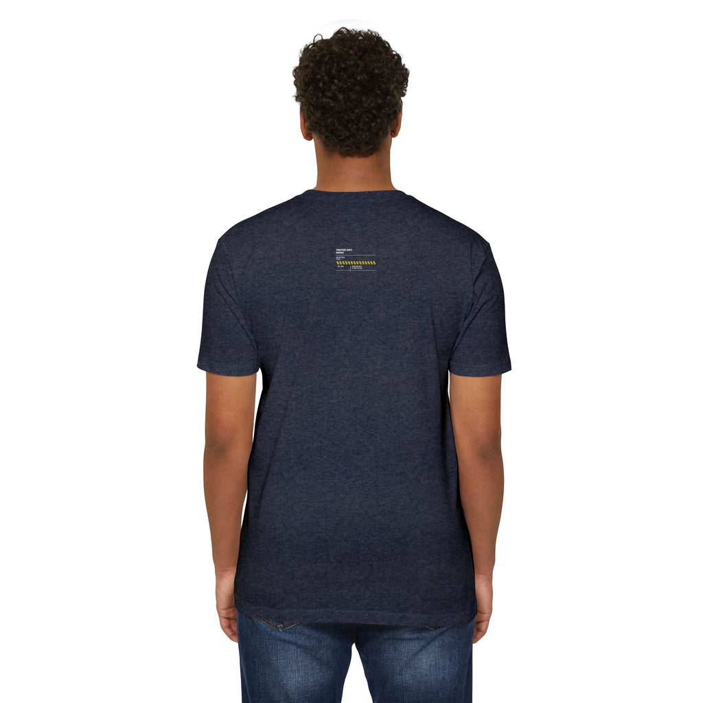 Minimalist Knife T-Shirt — Small Chest Knife & Back Barcode Graphic