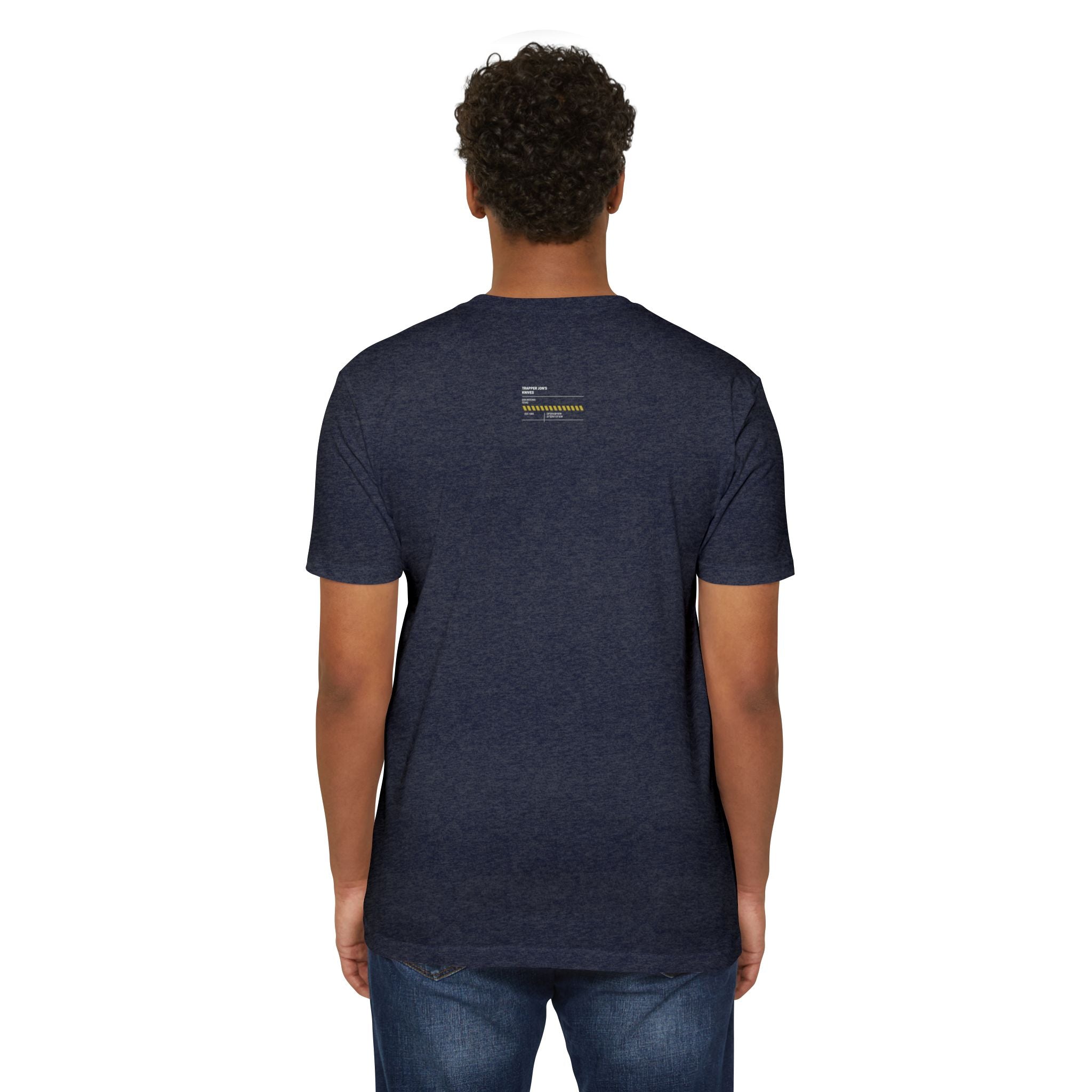 Minimalist Knife T-Shirt — Small Chest Knife & Back Barcode Graphic