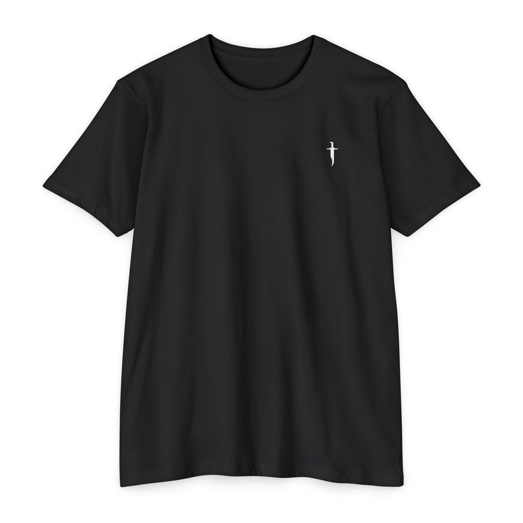 Minimalist Knife T-Shirt — Small Chest Knife & Back Barcode Graphic
