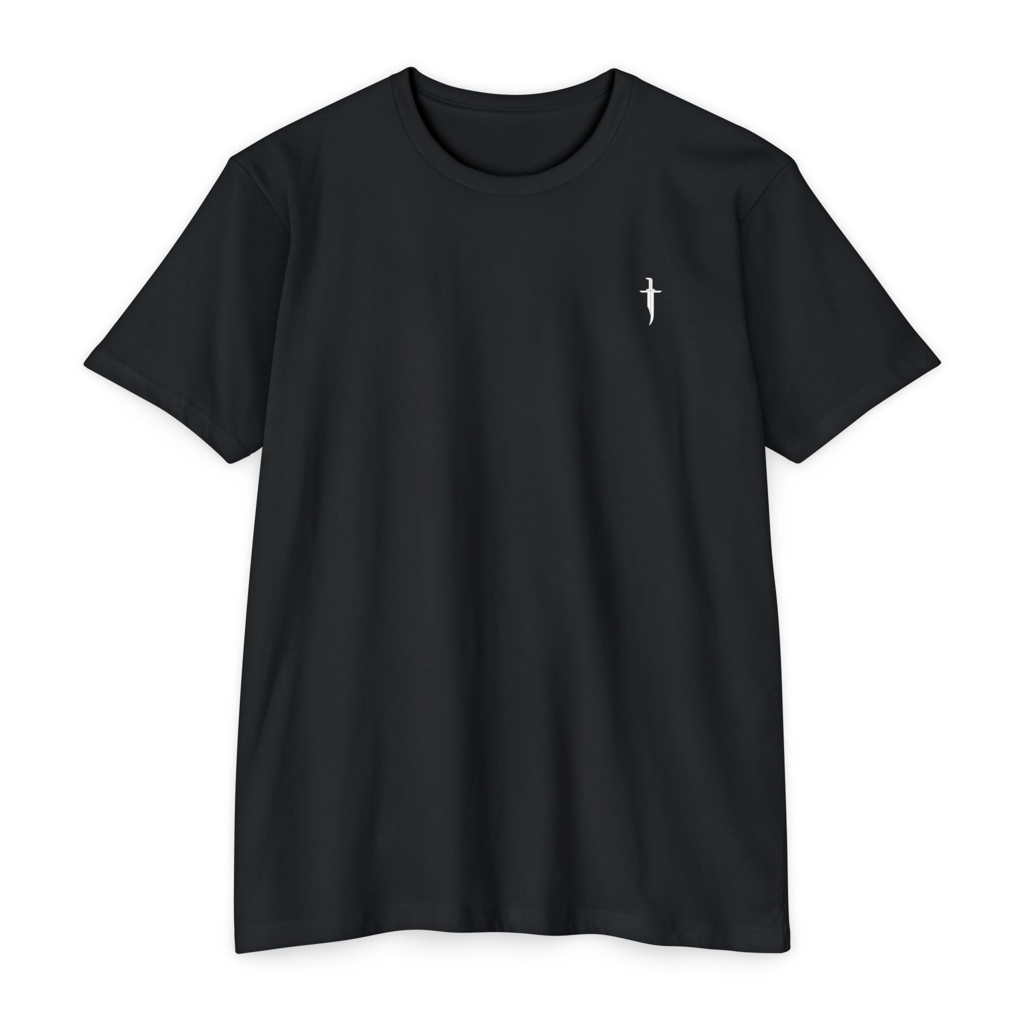 Minimalist Knife T-Shirt — Small Chest Knife & Back Barcode Graphic