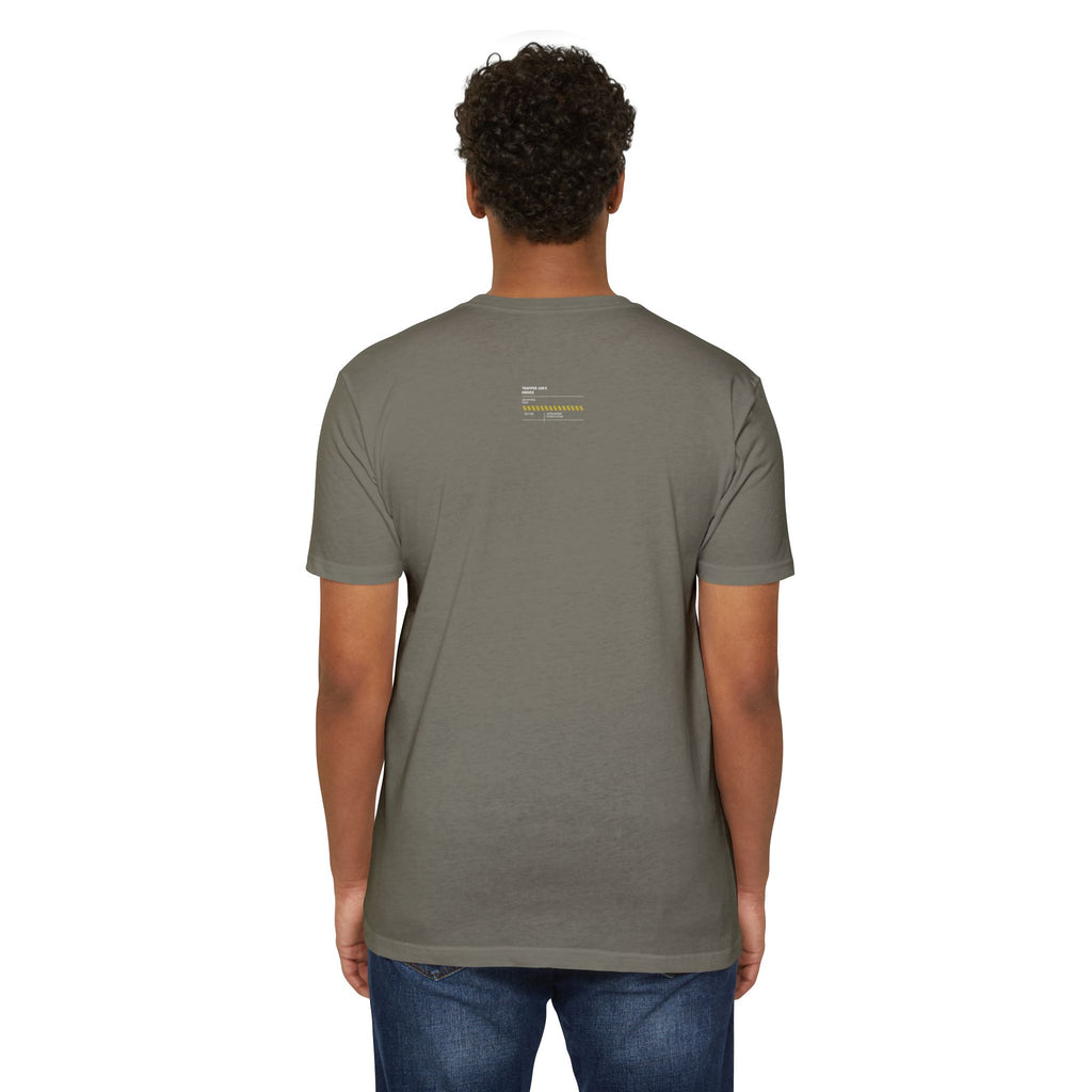 Minimalist Knife T-Shirt — Small Chest Knife & Back Barcode Graphic