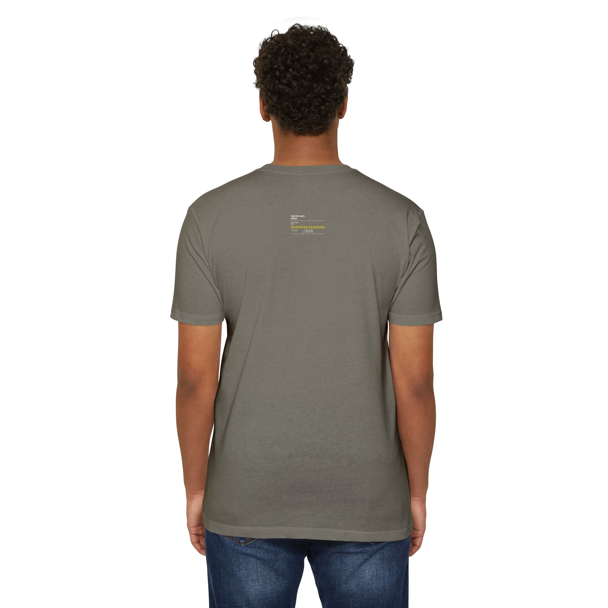 Minimalist Knife T-Shirt — Small Chest Knife & Back Barcode Graphic