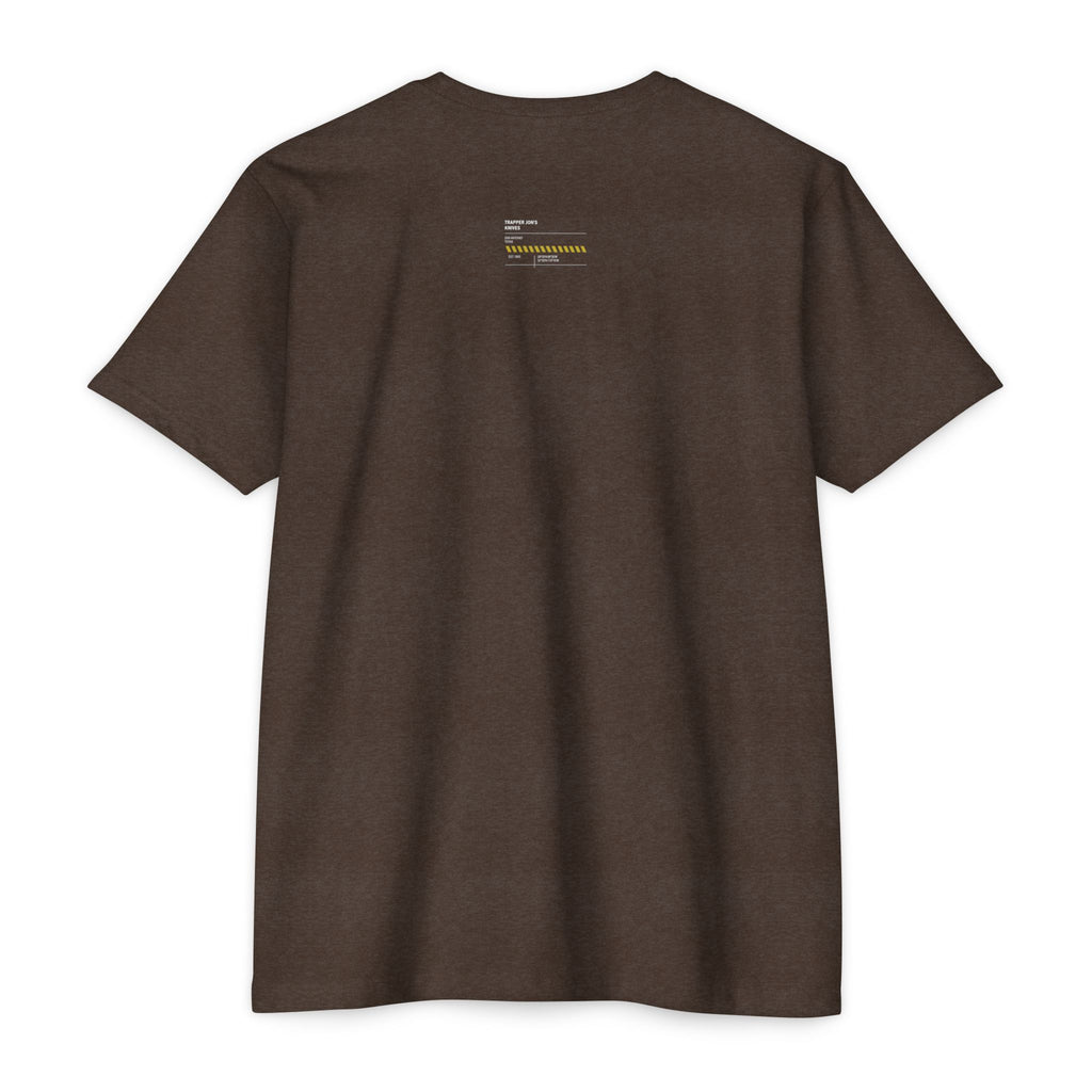 Minimalist Knife T-Shirt — Small Chest Knife & Back Barcode Graphic