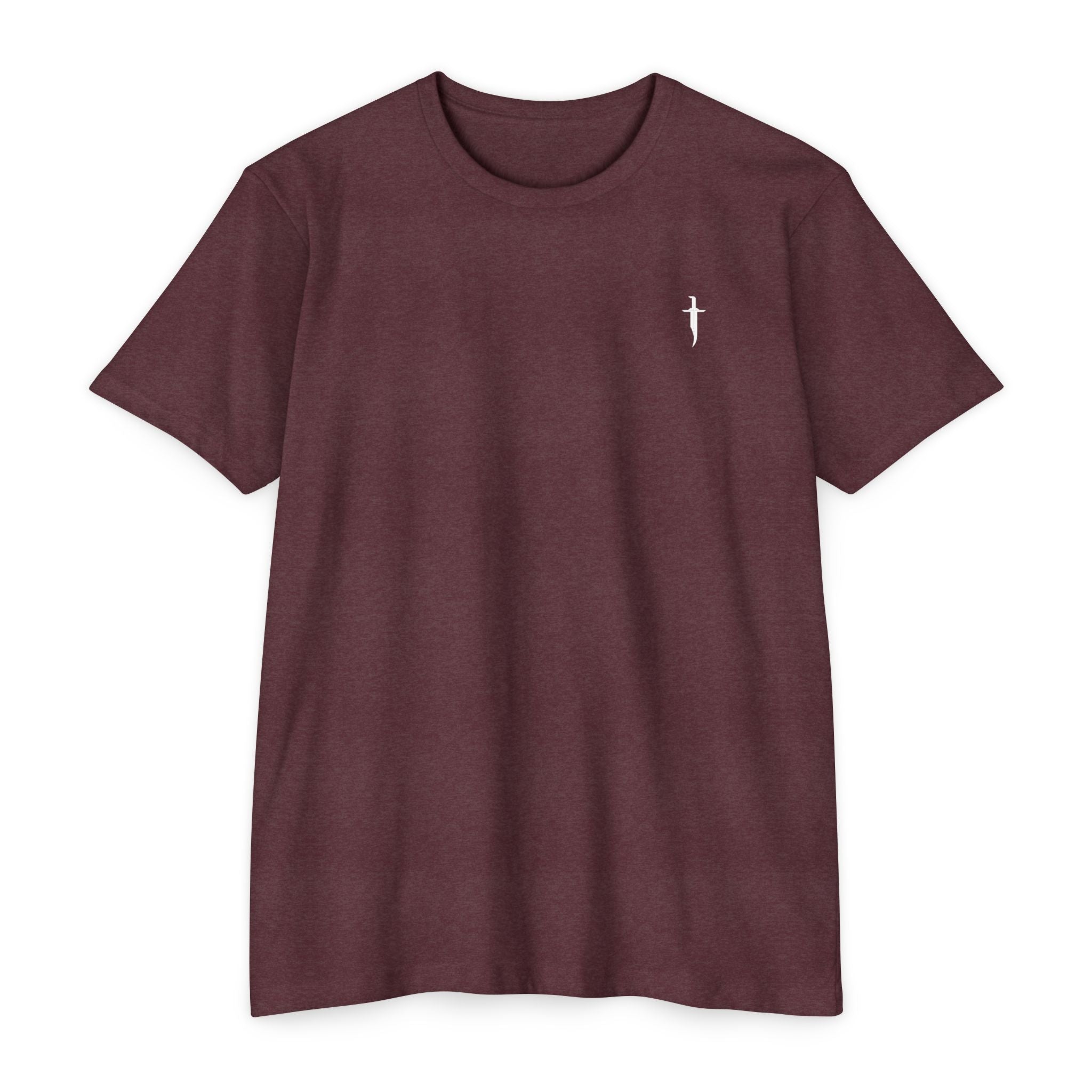 Minimalist Knife T-Shirt — Small Chest Knife & Back Barcode Graphic