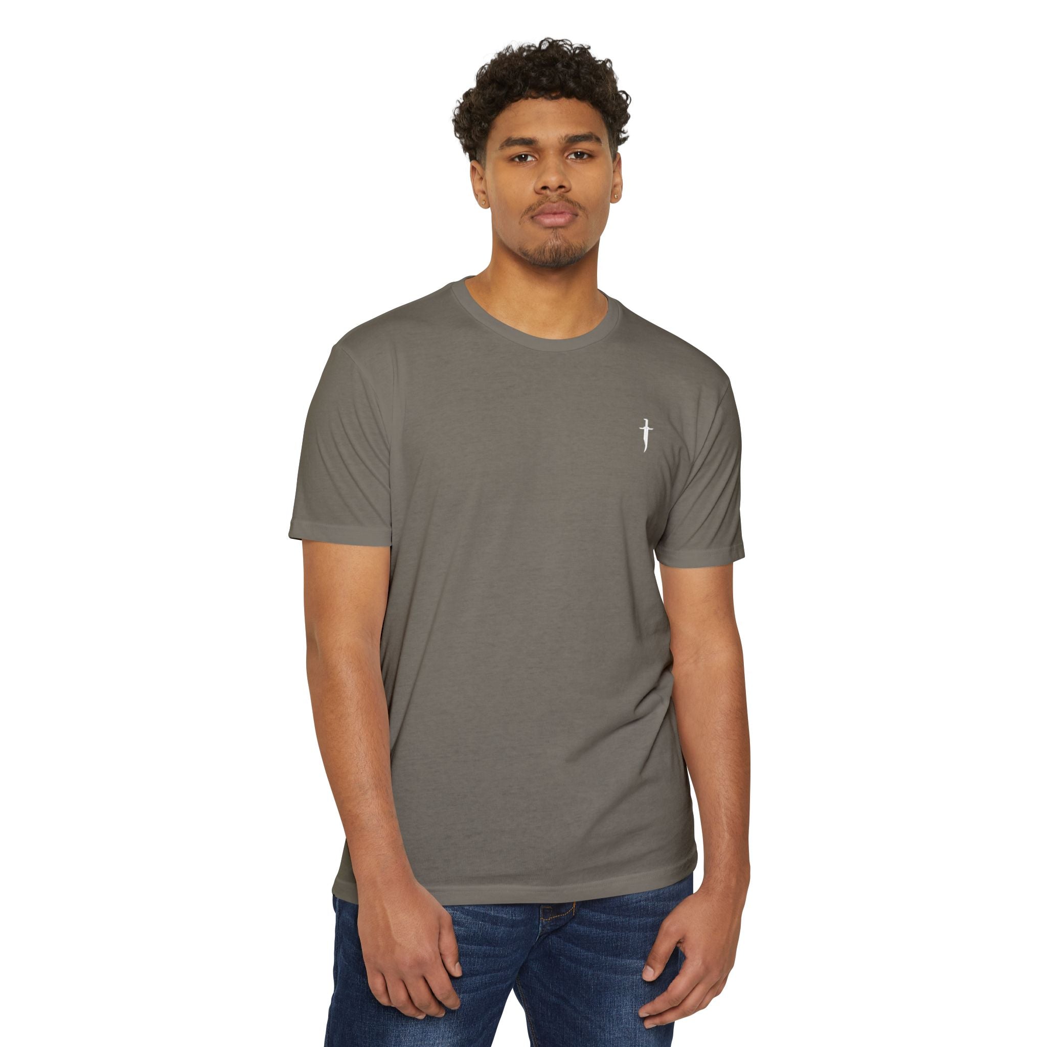 Minimalist Knife T-Shirt — Small Chest Knife & Back Barcode Graphic
