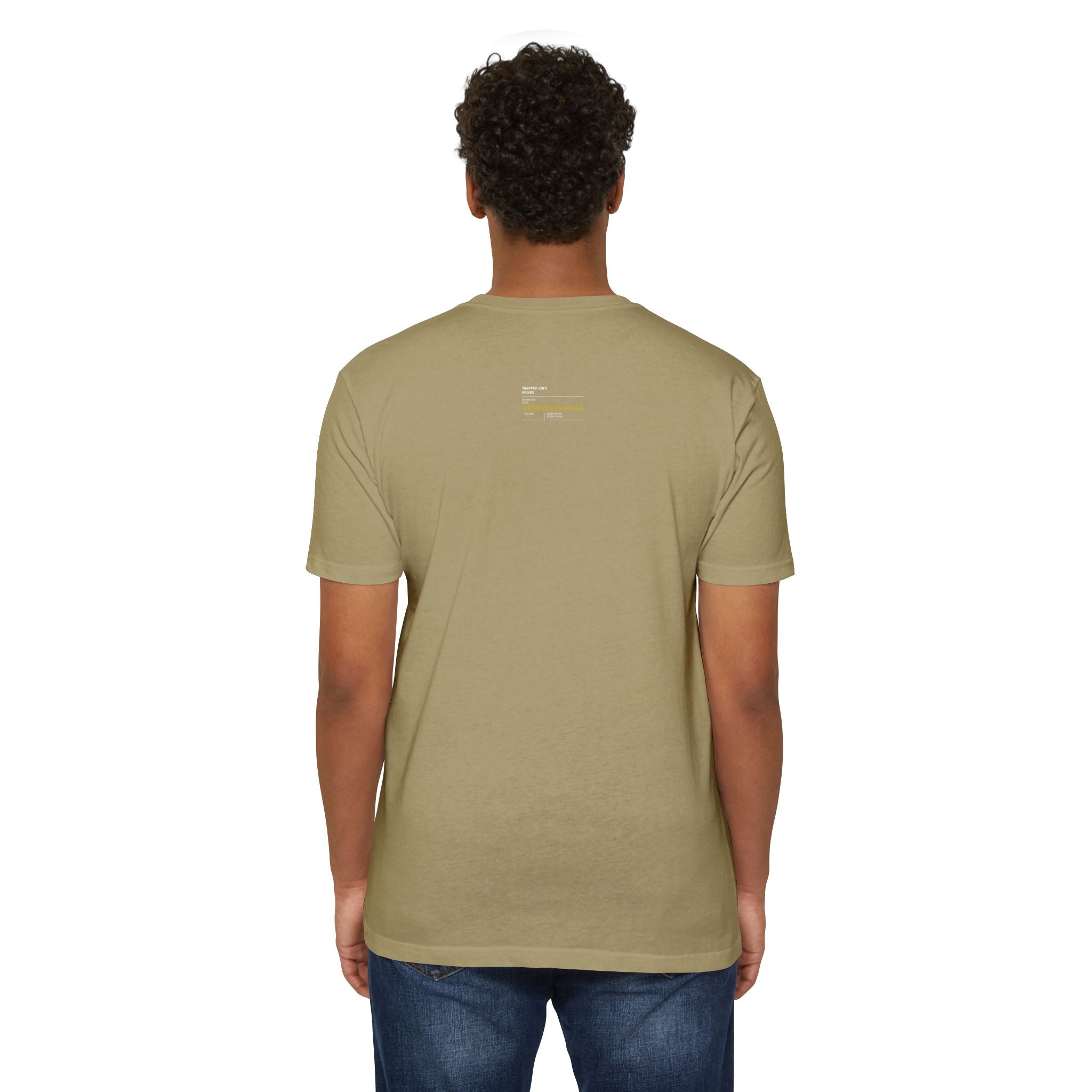 Minimalist Knife T-Shirt — Small Chest Knife & Back Barcode Graphic