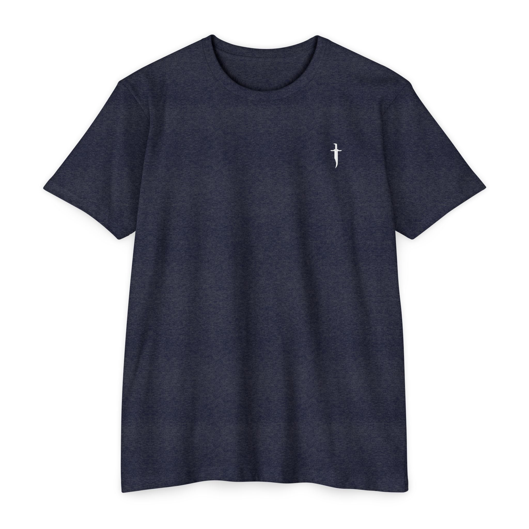 Minimalist Knife T-Shirt — Small Chest Knife & Back Barcode Graphic