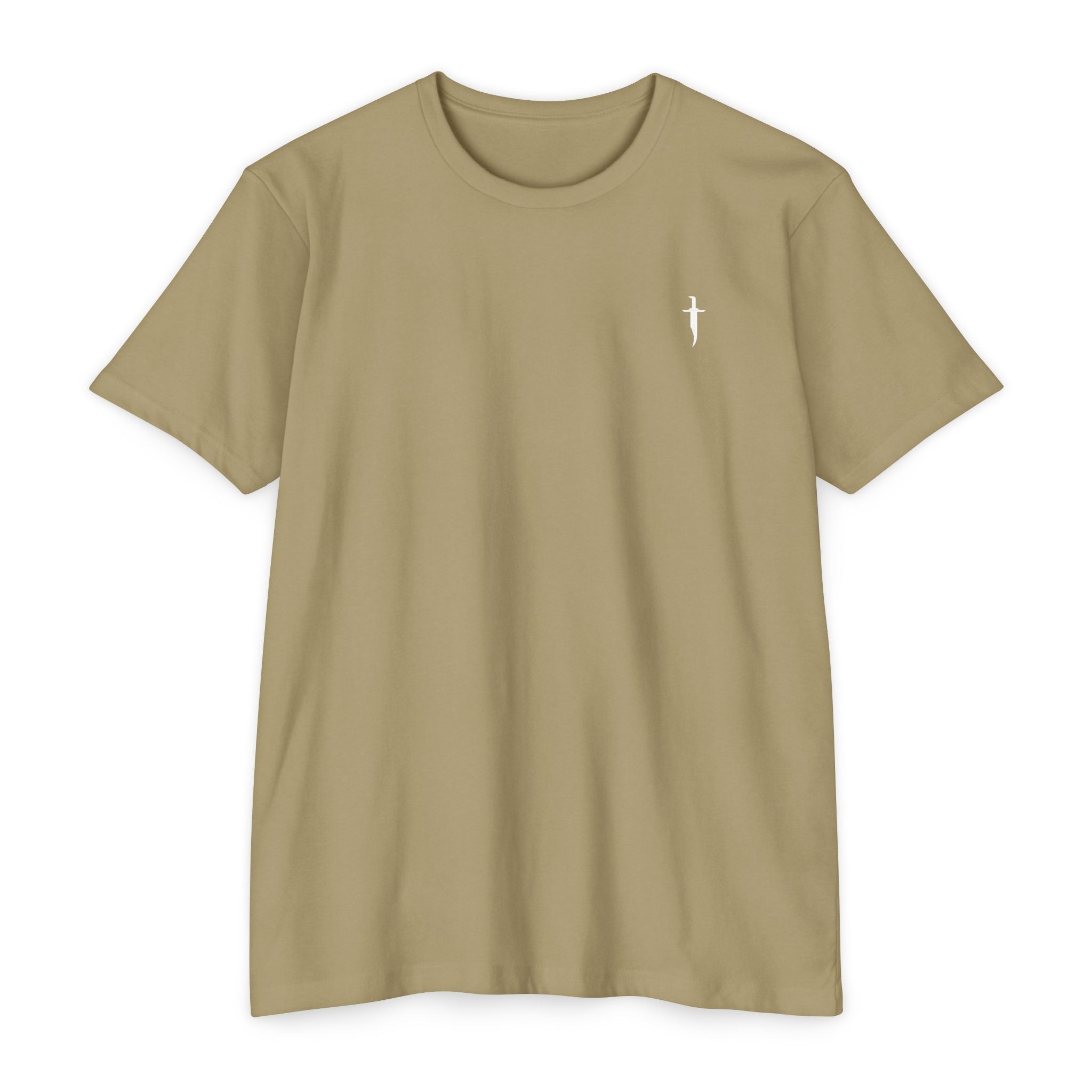 Minimalist Knife T-Shirt — Small Chest Knife & Back Barcode Graphic