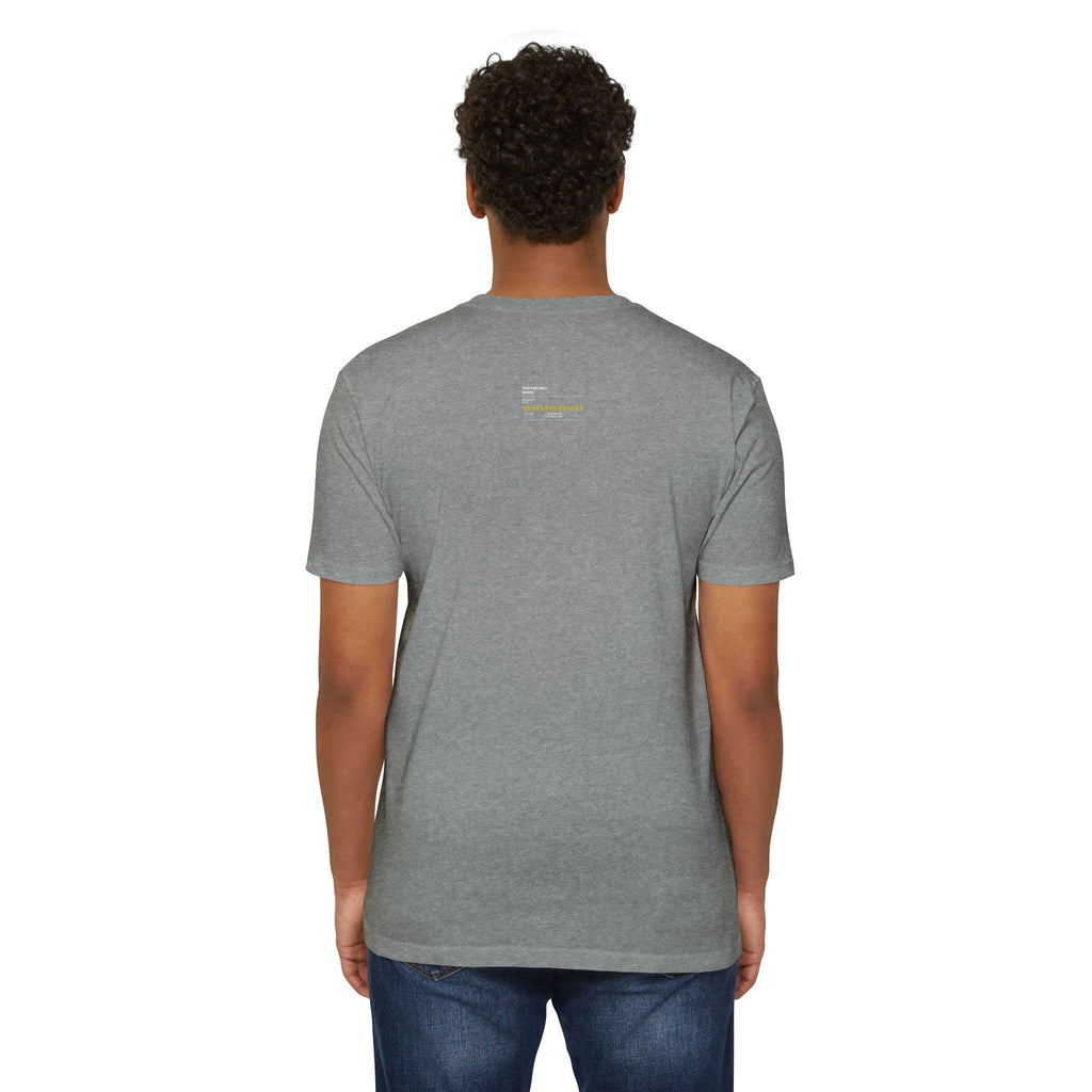 Minimalist Knife T-Shirt — Small Chest Knife & Back Barcode Graphic