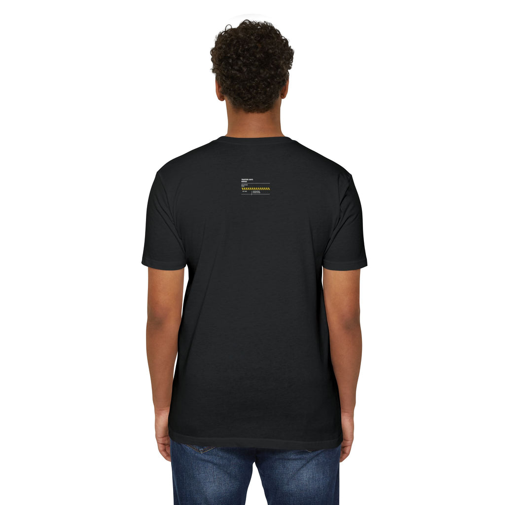Minimalist Knife T-Shirt — Small Chest Knife & Back Barcode Graphic