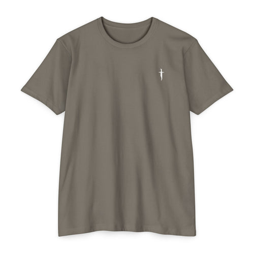 Minimalist Knife T-Shirt — Small Chest Knife & Back Barcode Graphic