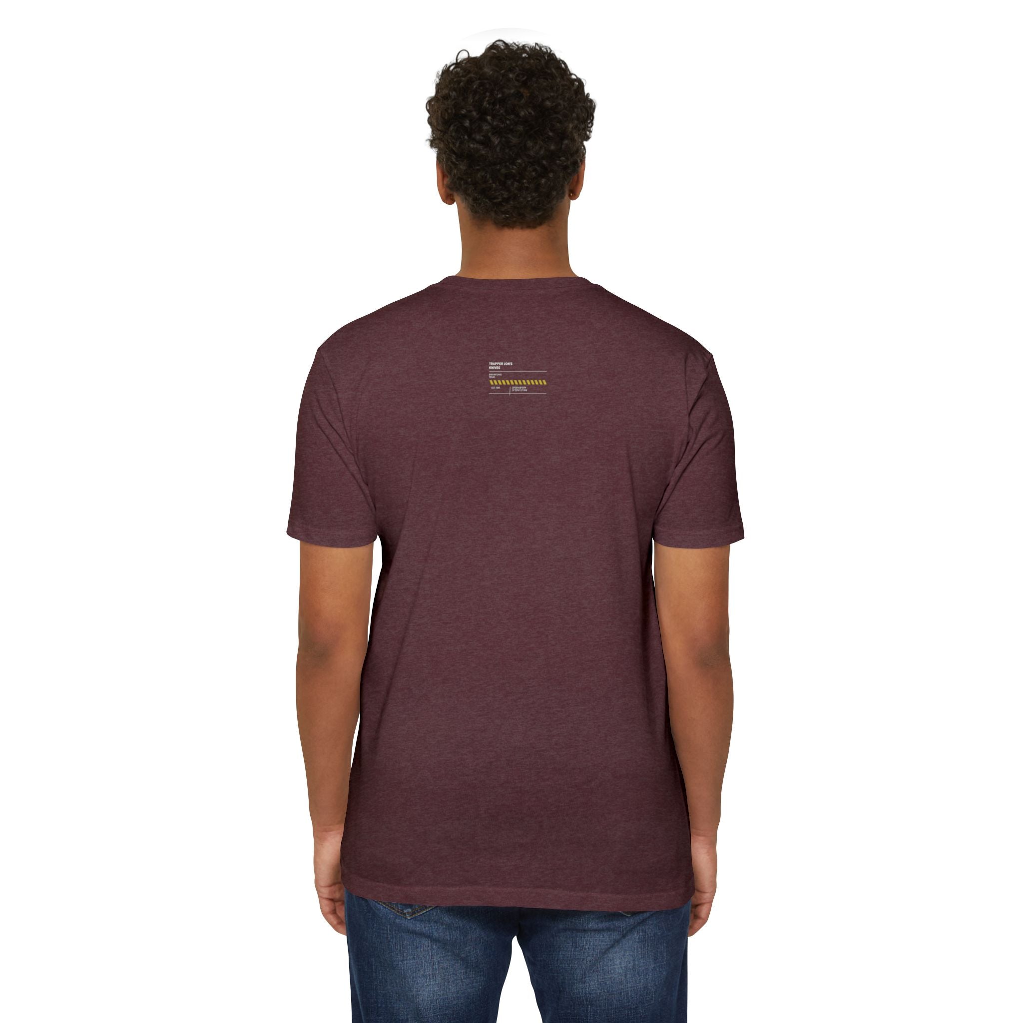 Minimalist Knife T-Shirt — Small Chest Knife & Back Barcode Graphic