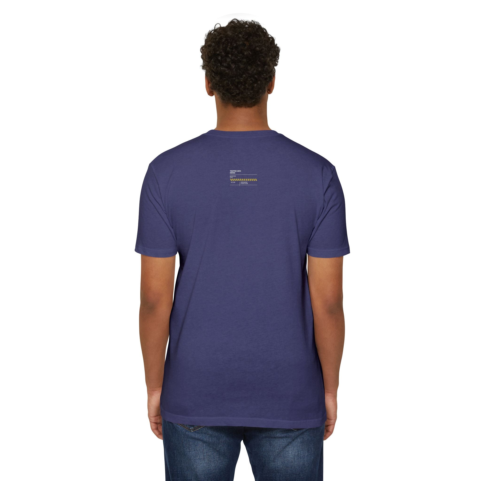 Minimalist Knife T-Shirt — Small Chest Knife & Back Barcode Graphic