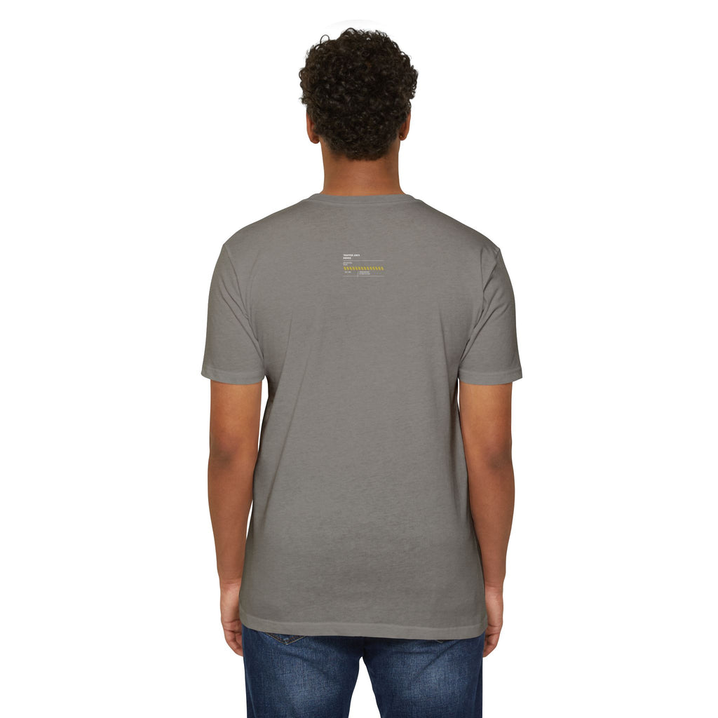 Minimalist Knife T-Shirt — Small Chest Knife & Back Barcode Graphic
