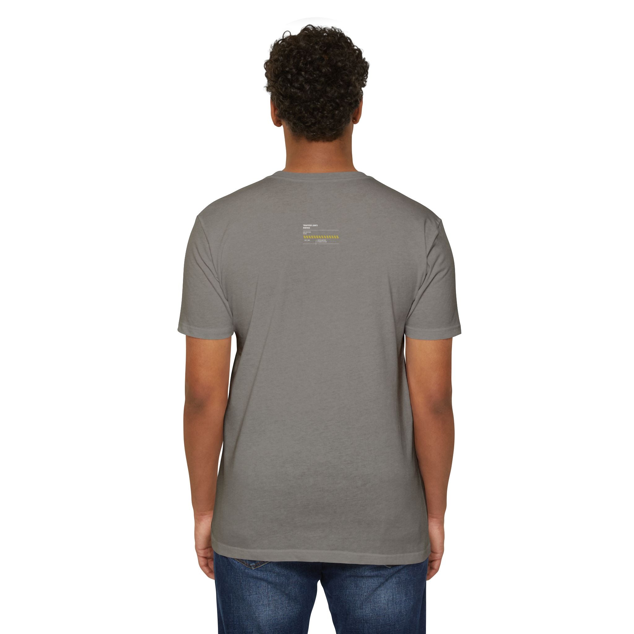 Minimalist Knife T-Shirt — Small Chest Knife & Back Barcode Graphic