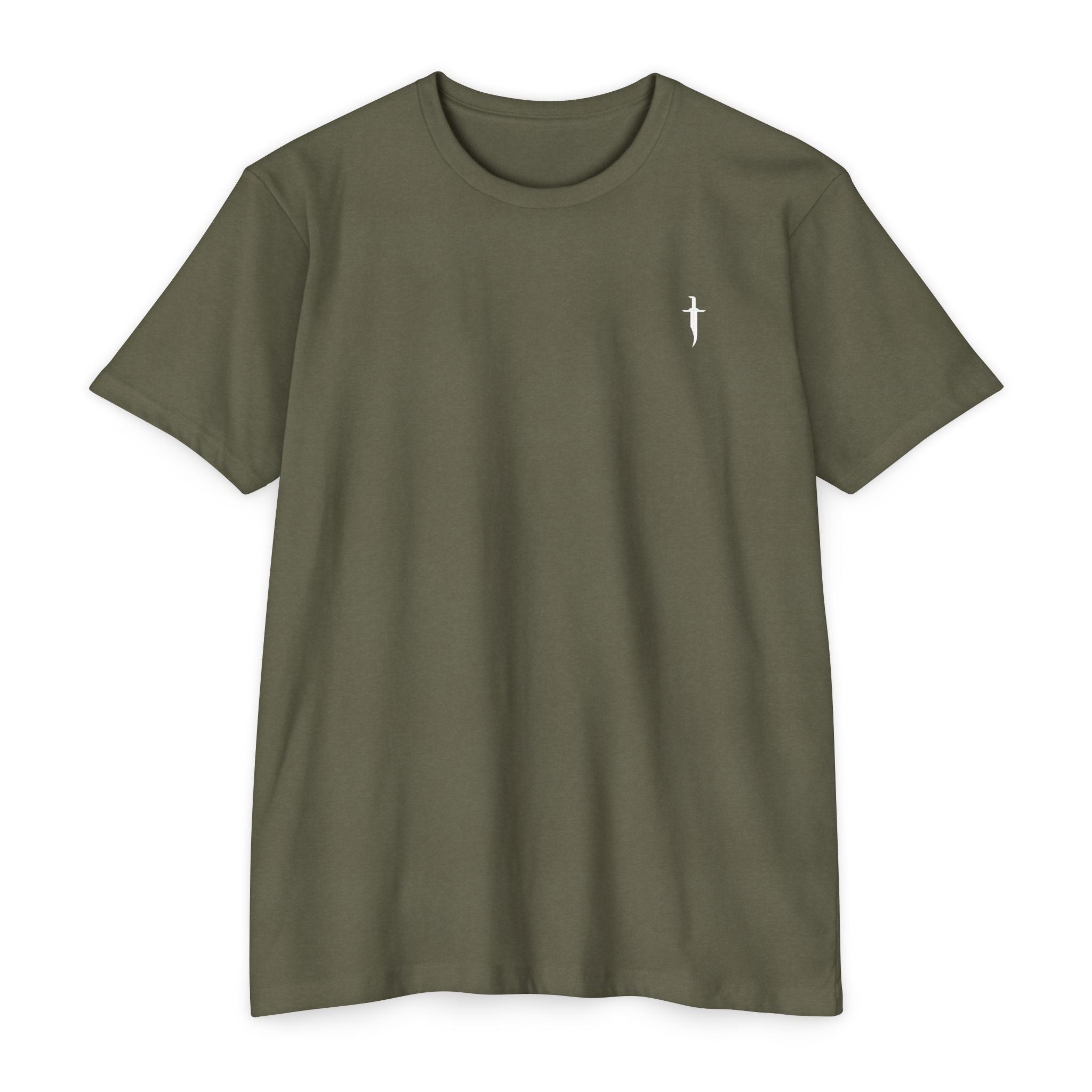 Minimalist Knife T-Shirt — Small Chest Knife & Back Barcode Graphic