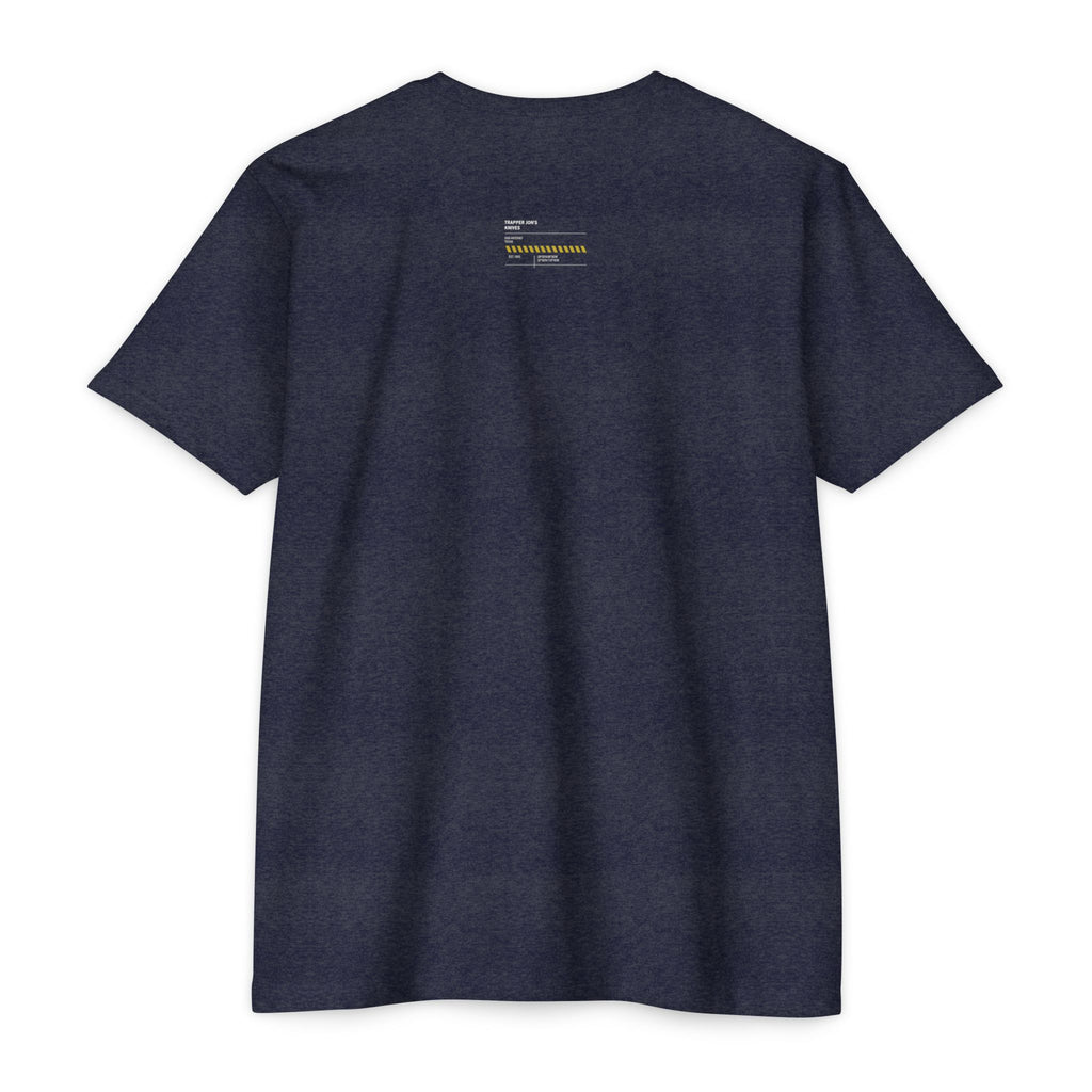 Minimalist Knife T-Shirt — Small Chest Knife & Back Barcode Graphic