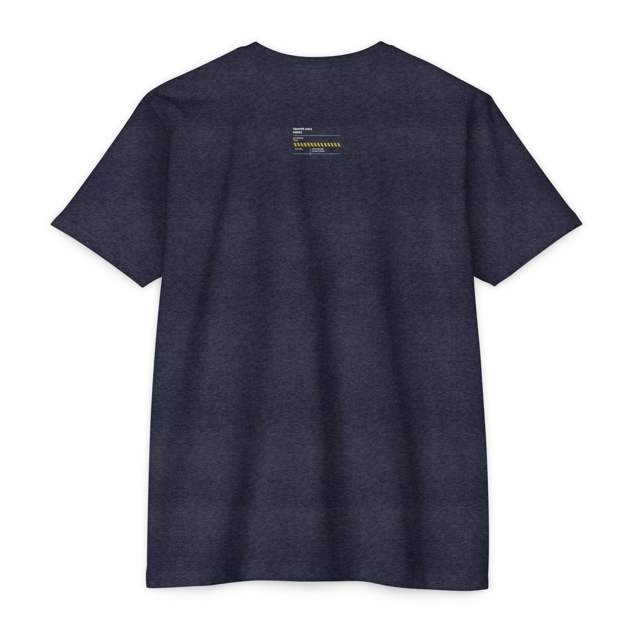 Minimalist Knife T-Shirt — Small Chest Knife & Back Barcode Graphic