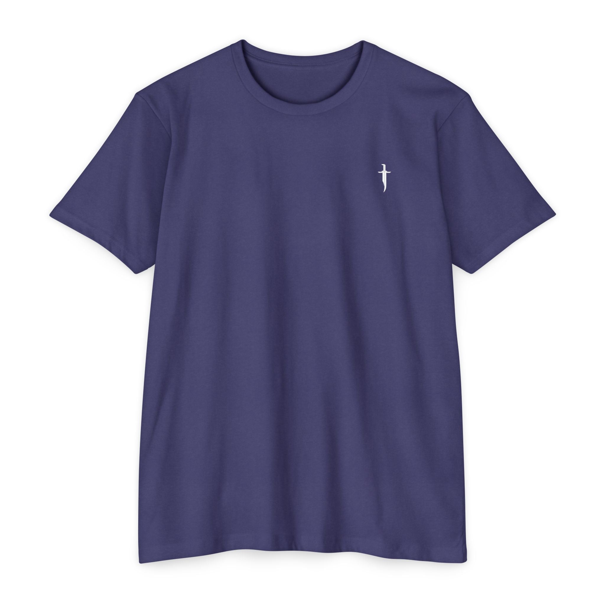 Minimalist Knife T-Shirt — Small Chest Knife & Back Barcode Graphic