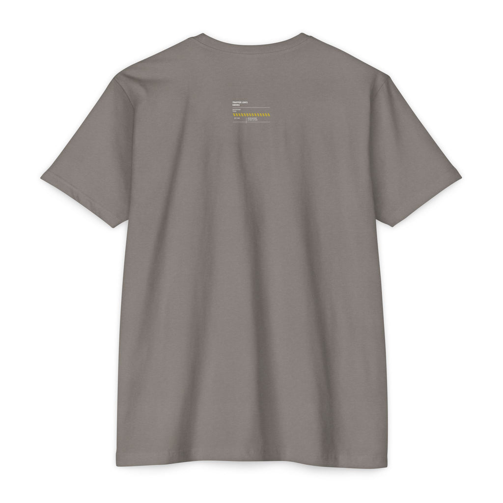 Minimalist Knife T-Shirt — Small Chest Knife & Back Barcode Graphic