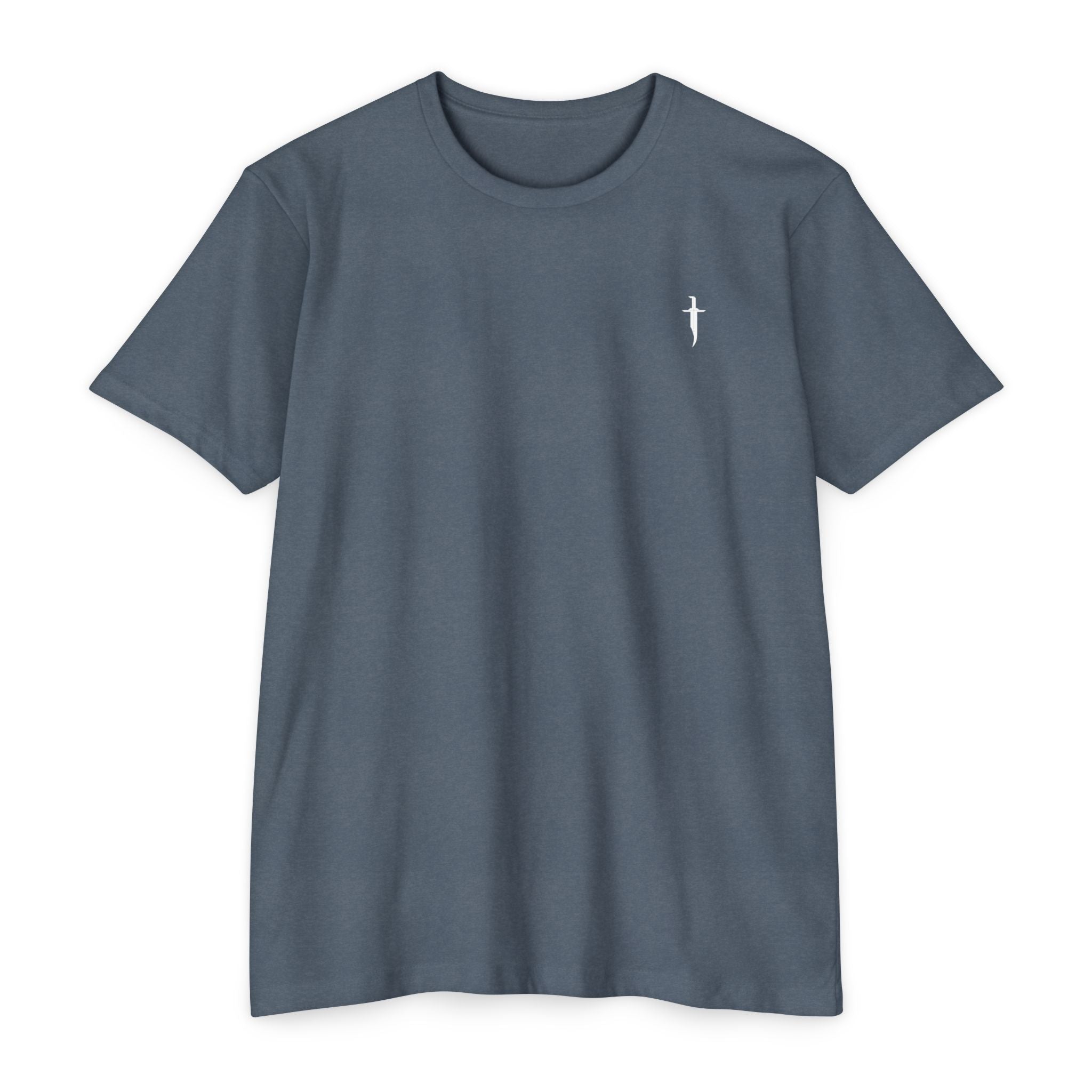 Minimalist Knife T-Shirt — Small Chest Knife & Back Barcode Graphic