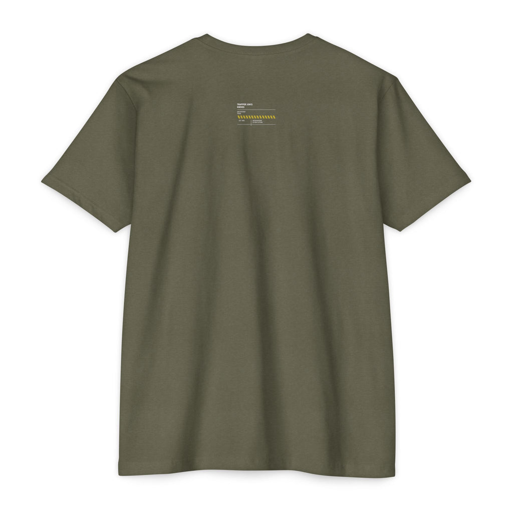 Minimalist Knife T-Shirt — Small Chest Knife & Back Barcode Graphic